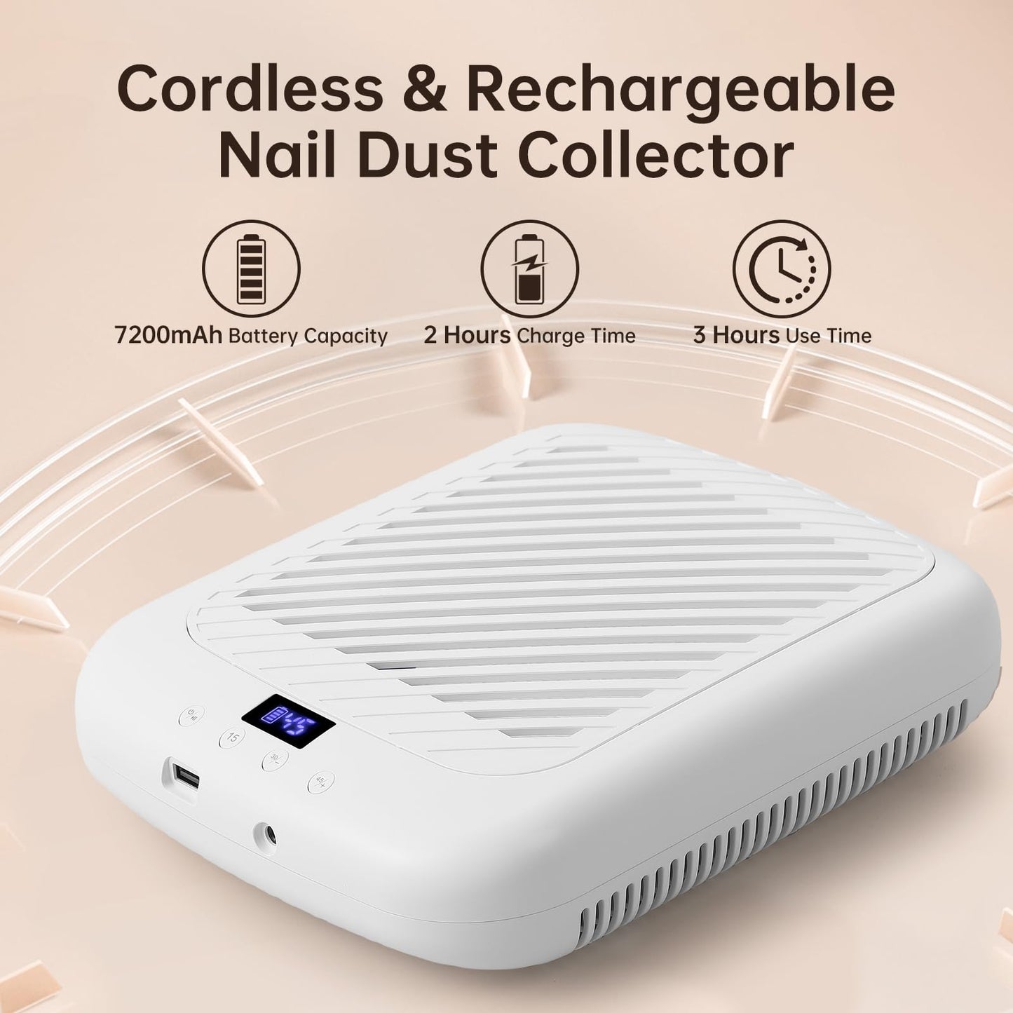 Nail Dust Collector CHRISTINE SHELLY, Cordless Rechargeable 4500RPM Vacuum Nail Tech Fan Extractor, Professional Duster Suction, Low Noise, Salon&Home