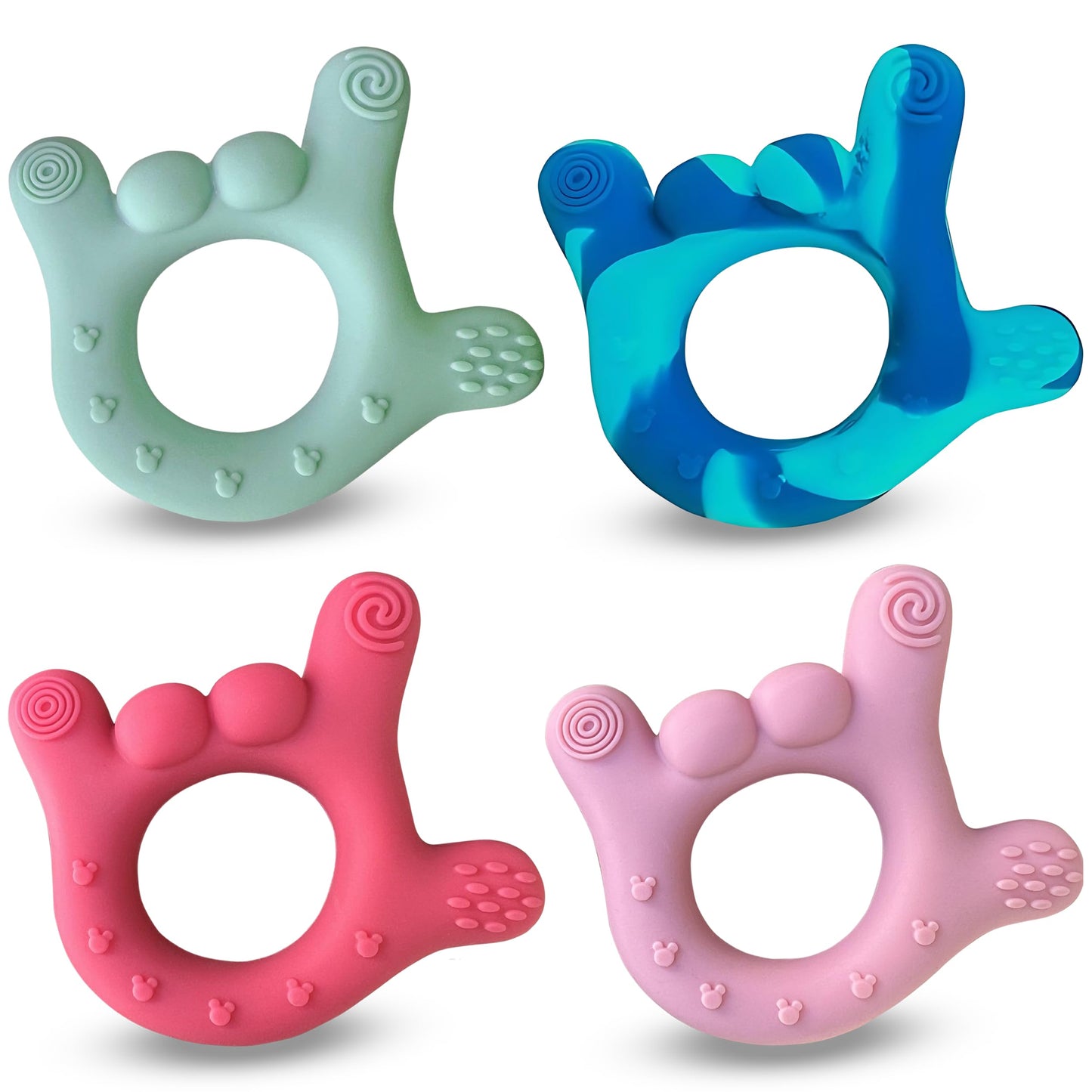 Set of 4 I Love You Silicone Hand Teether, Teethers for Babies 3-6 Months, Soft Teething Toys 6-12 Months bpa Free, Massaging Teething Relief
