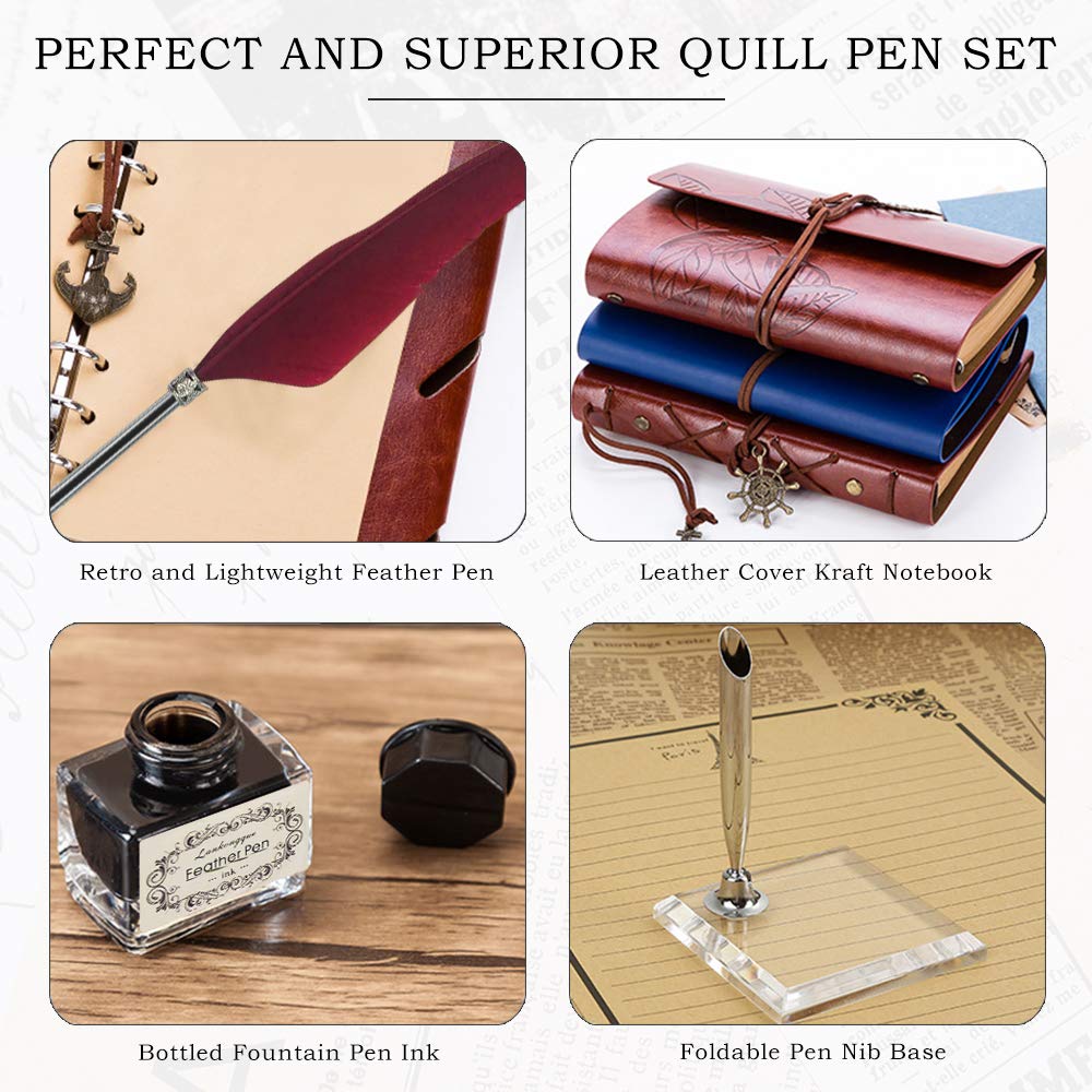 GCCL Feather Quill Pen and Ink Set – Vintage Calligraphy Writing Kit with 5 Nibs, Journal Notebook, Ink Bottle, Pen Holder, Gift Box for Men and Women (Red)