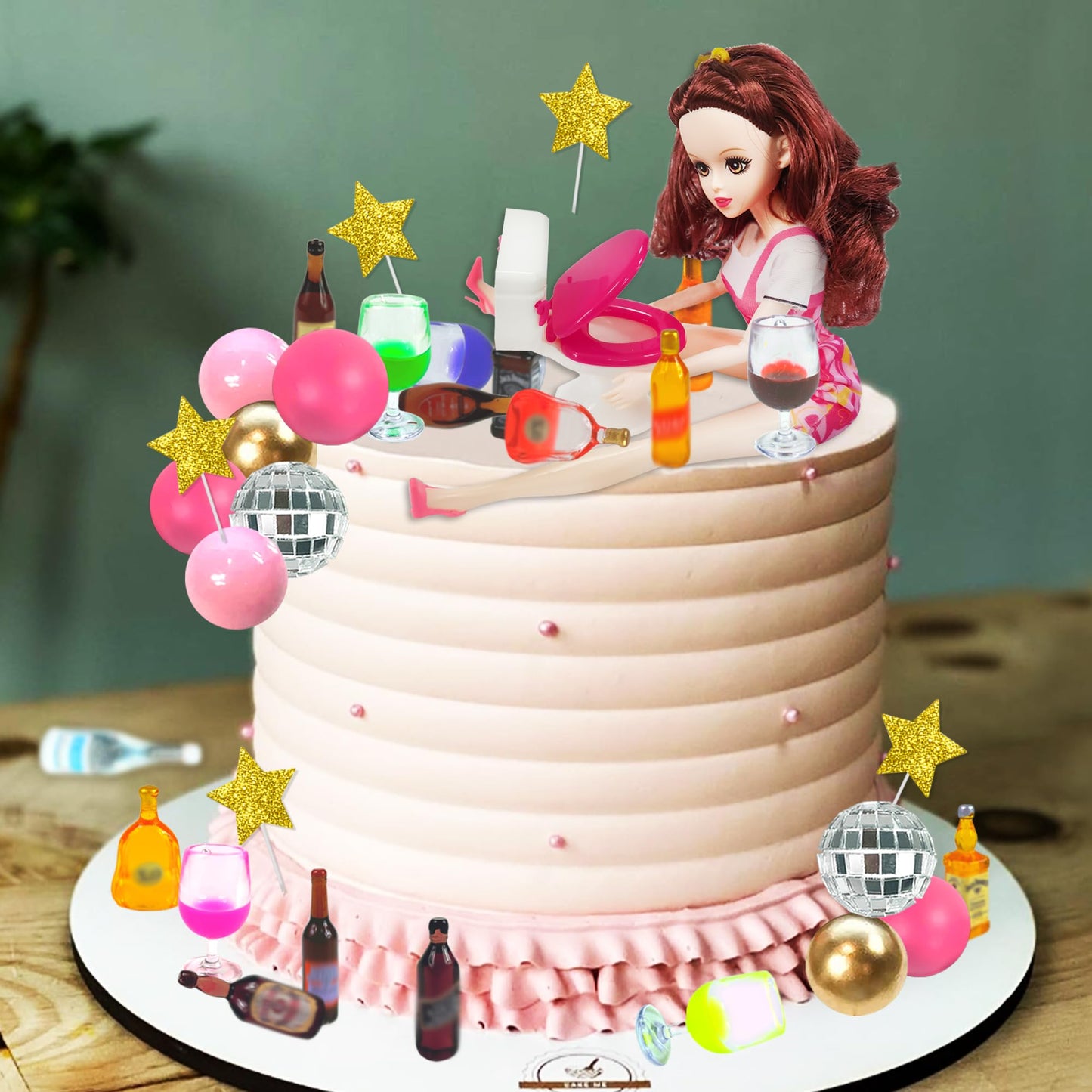 Mini Wine Bottles Cake Toppers With 12 Mini Wine Bottles 5 Mini Wine Glasses 1 Toilet 1 Beauty Doll for Celebrating Birthday Party (Brown)