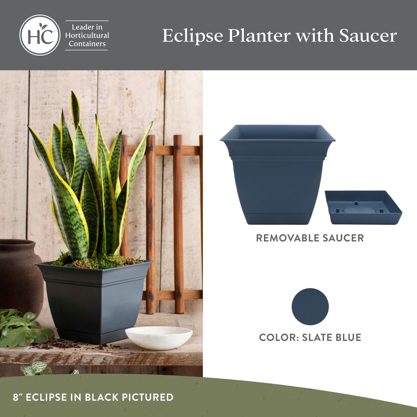 The HC Companies 8 Inch Eclipse Square Planter Pots with Drainage Holes & Attached Saucer, Lightweight UV-Resistant Plastic Indoor Outdoor Planters, 4-Pack Flower Pots, Garden Home Decor, Slate Blue
