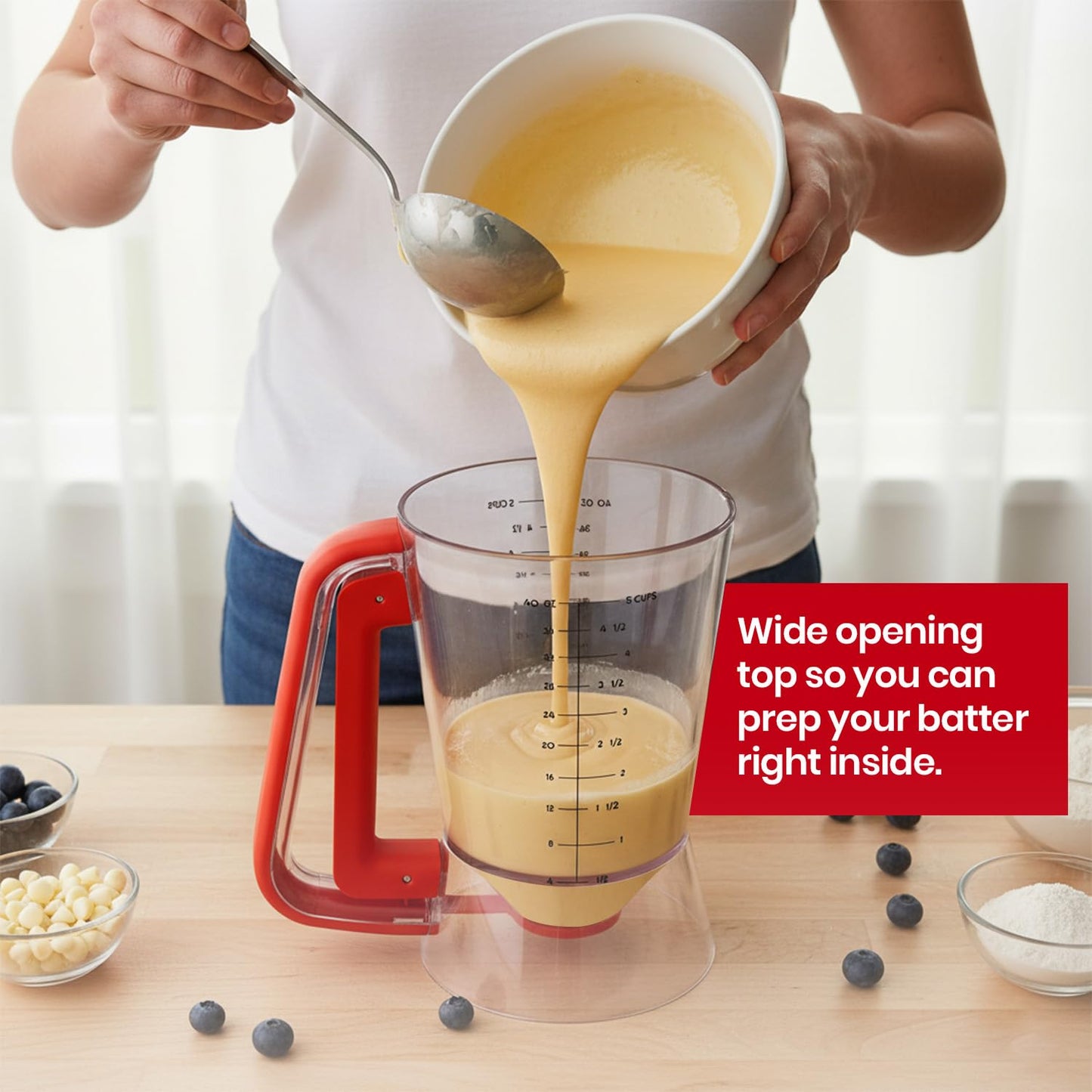 Eggssentials - Pancake dispenser, 5-Cup/1200ml Pancake Dispenser for Batter, Cupcake Batter Dispenser, Waffles & Crepes, Easy Squeeze Handle, Dishwasher Safe - Red Pancake Mix Dispenser