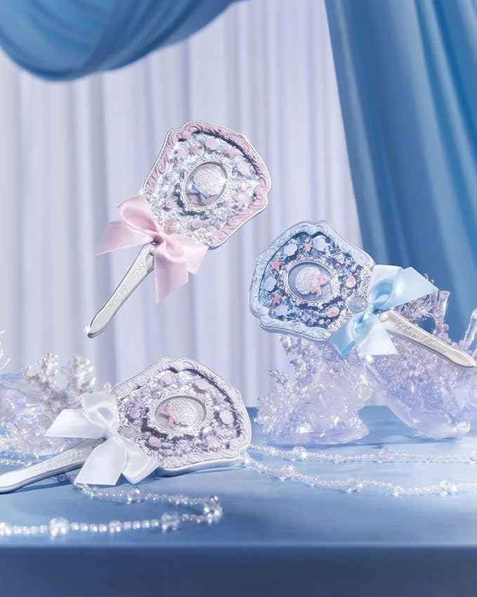 Flower Knows Shell's Jewel Hand Mirror,Vintage Portable Handheld Mirror,Fancy & Pretty Princess Mirror with Long Handle,Gift for Girls(Pearly White)
