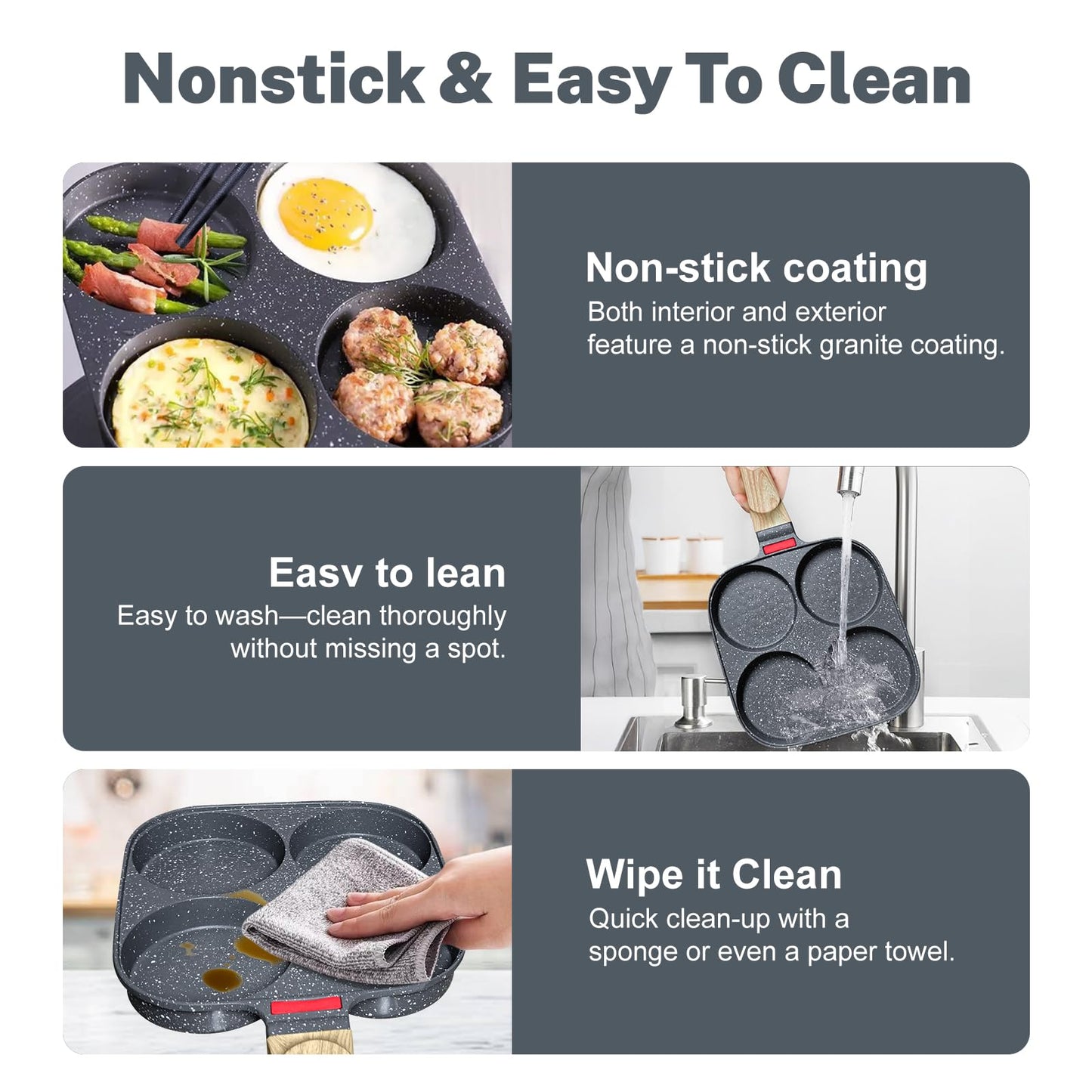 4‑Cup Nonstick Egg Pan Set with Lid – Aluminum Omelette Skillet for Breakfast, Includes Silicone Scraper, Oil Brush, Chopsticks & Cleaning Cloth – Compatible with Gas & Induction Cooktops (Black)