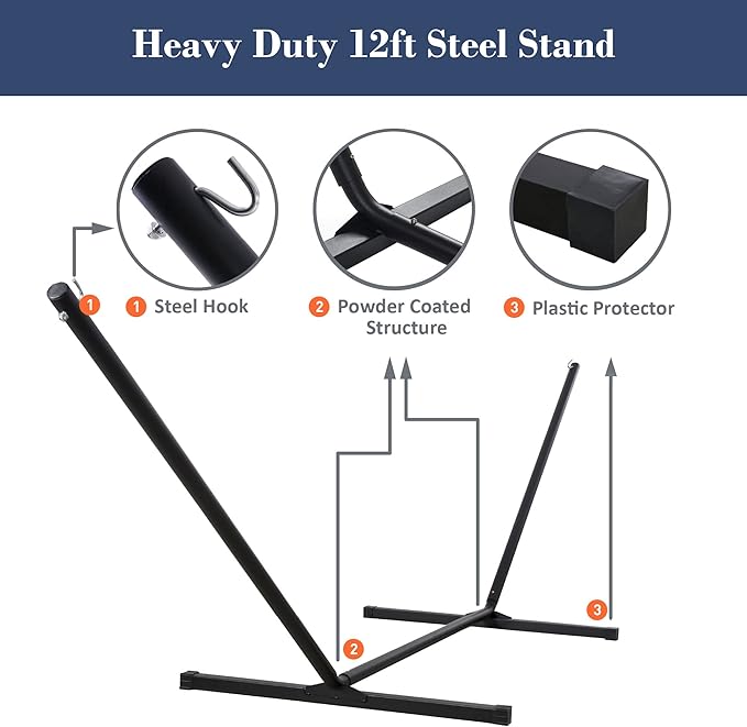 SUNCREAT Portable Outdoor Hammock with Stand, Heavy Duty Hammock with Carrying Bag, Soft Pillow, Balance Ropes, Dark Blue