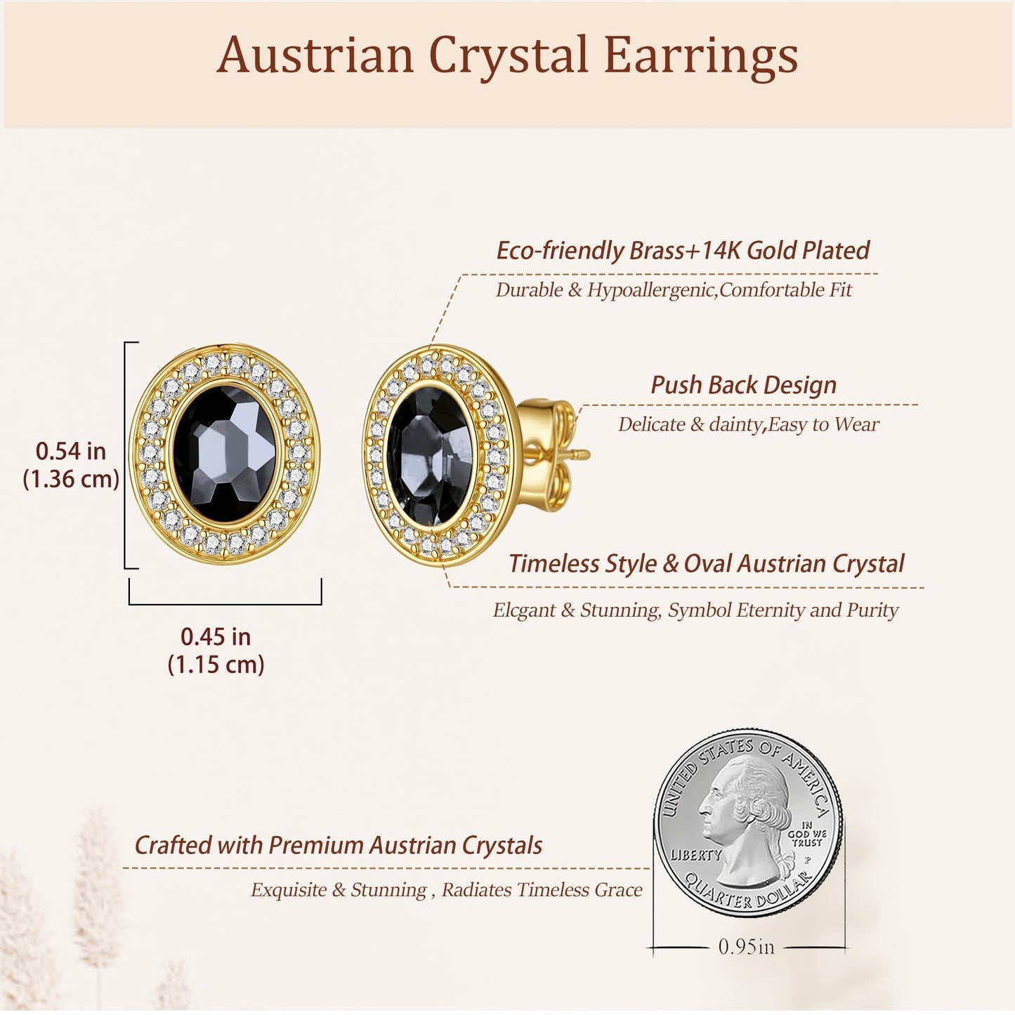 EVEVIC Austrian Crystal Halo Oval Stud Earrings for Women Trendy,14k Gold Plated Hypoallergenic Earring Jewelry Gift (Grey-Black)