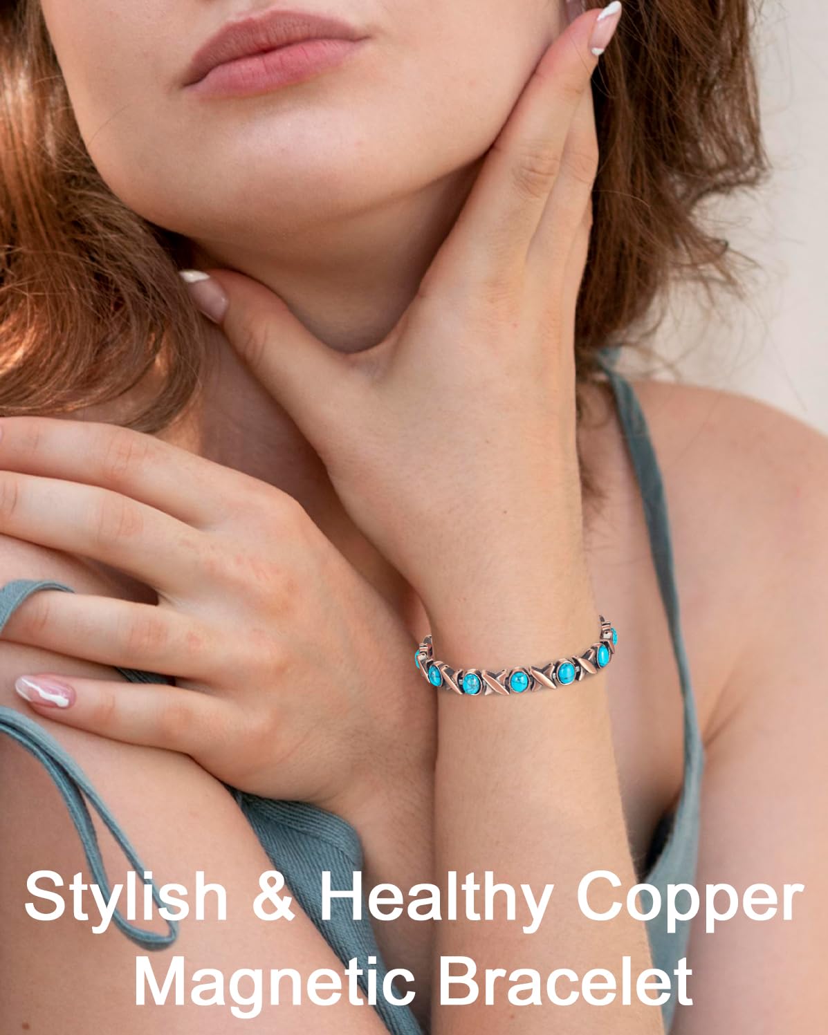 EnerCoppeX Copper Magnetic Bracelet for Women - Turquoize Detox Jewelry with 3500 Gauss Magnet (P)