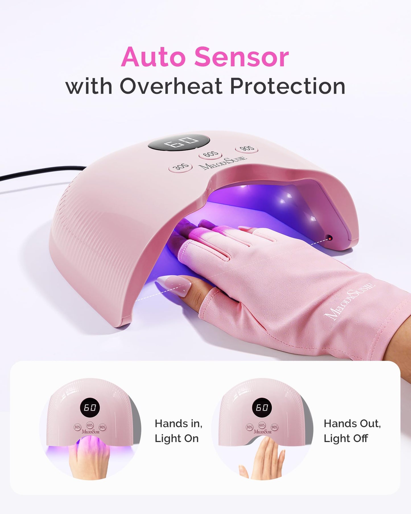 MelodySusie Compact LED UV Nail Lamp with UV Gloves, P-PLUS30A Nail Dryer with Smart Sensor Cures All Gels, Especially Rhinestone Glue, Liner & Cat Eye Gel Polishes for Advanced DIY at Home, Pink