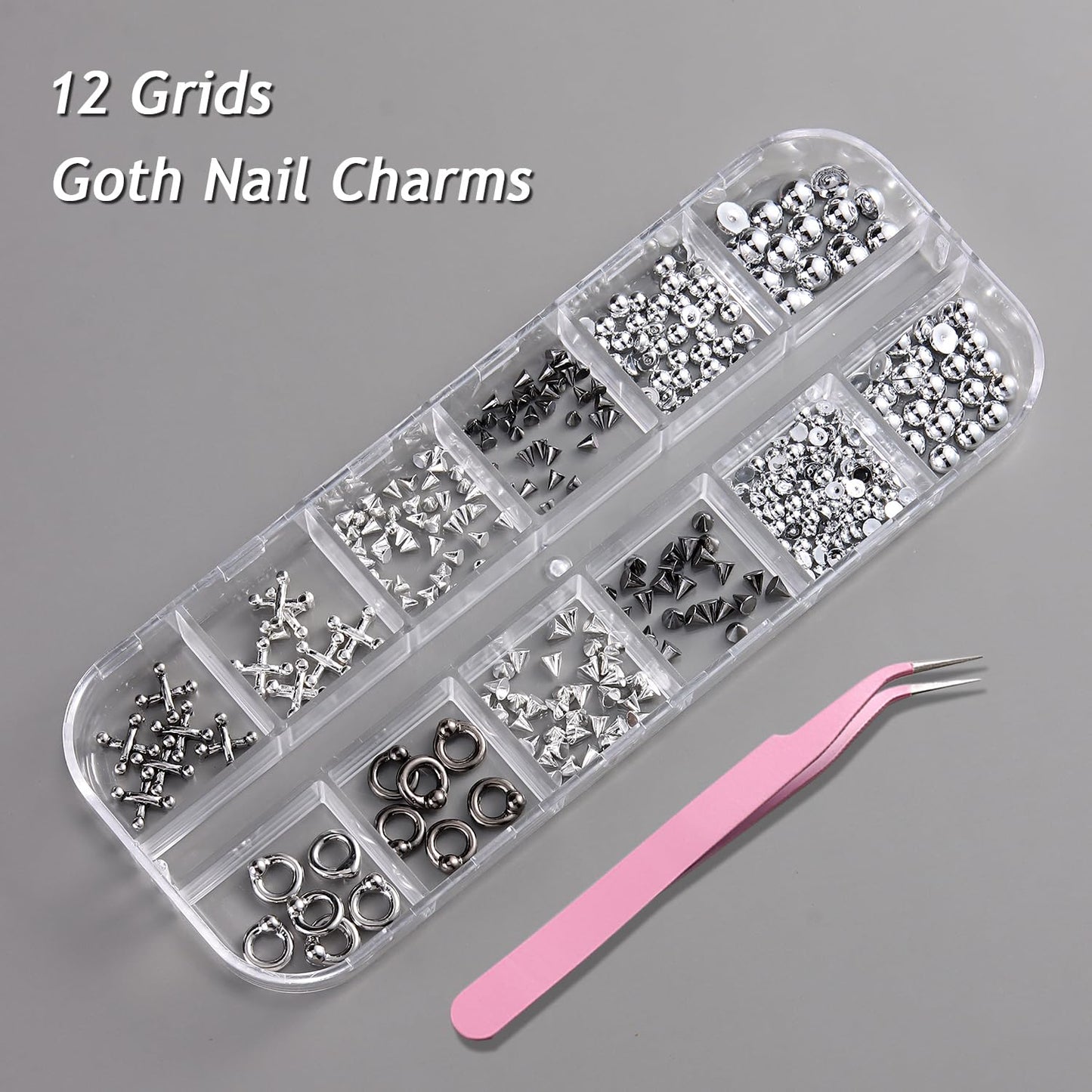 Furtherpretty Goth Nail Charms, 3D Triangle & Spike Gothic Punk Nail Charms, Black Rivet Studs Beads, Silver Alloy Piercing Grunge Y2K Nail Art Decorations, Manicure Accessories for DIY Salon Nails