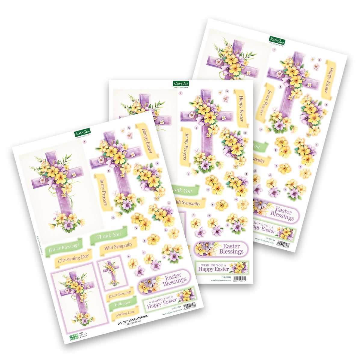 Katy Sue Easter Blessings Die-Cut Decoupage Sheets. A Pack of 12 Sheets of Die Cuts for Card Making Supplies, Craft Supplies & Scrapbooking with Crosses, Daffodils, Flowers, & Doves