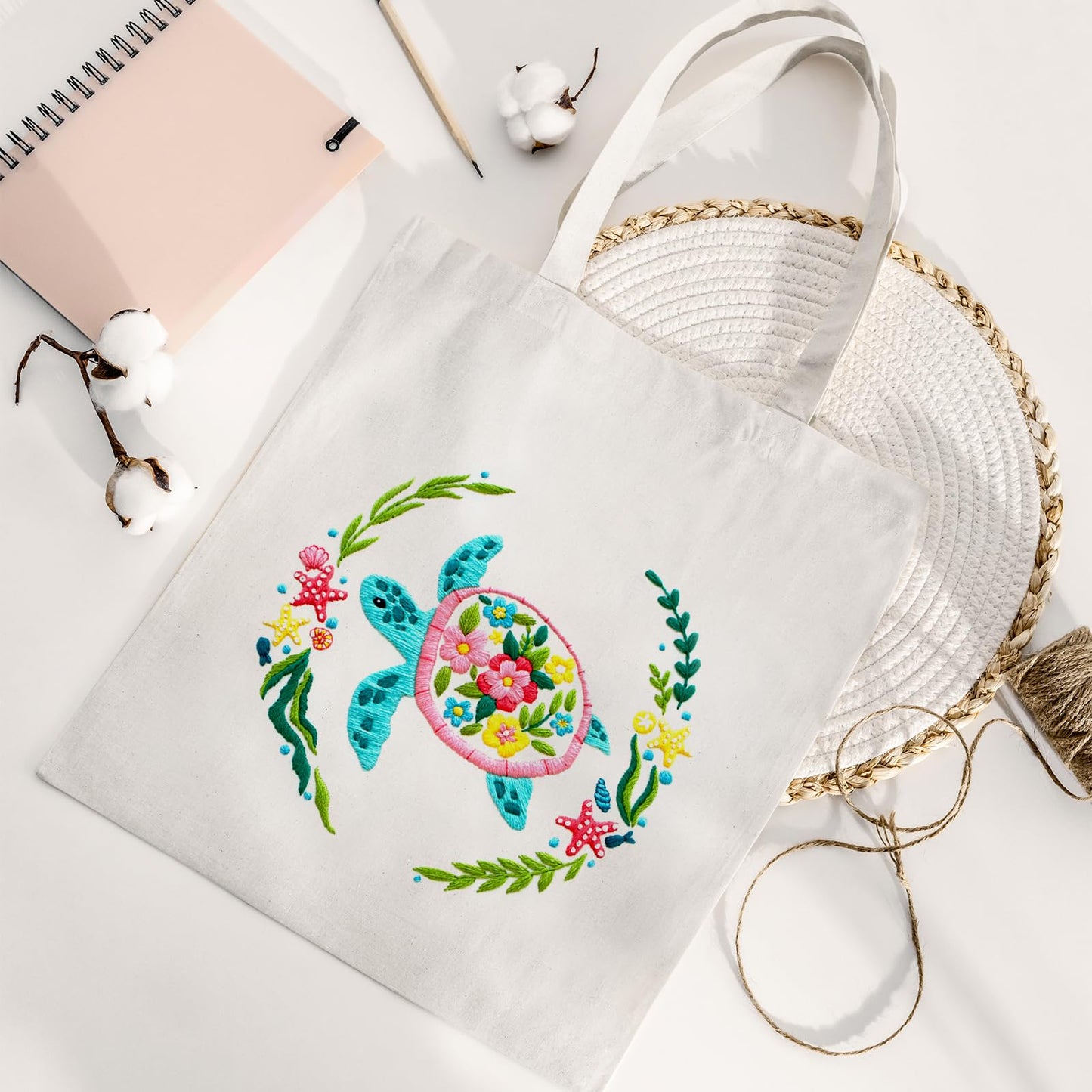 Nuberlic Canvas Tote Bag Embroidery Kit for Beginners Adults -Cross Stitch Kits Needlepoint with Sea Turtles Pattern Bag Reusable Eco-Friendly Shopping Bag