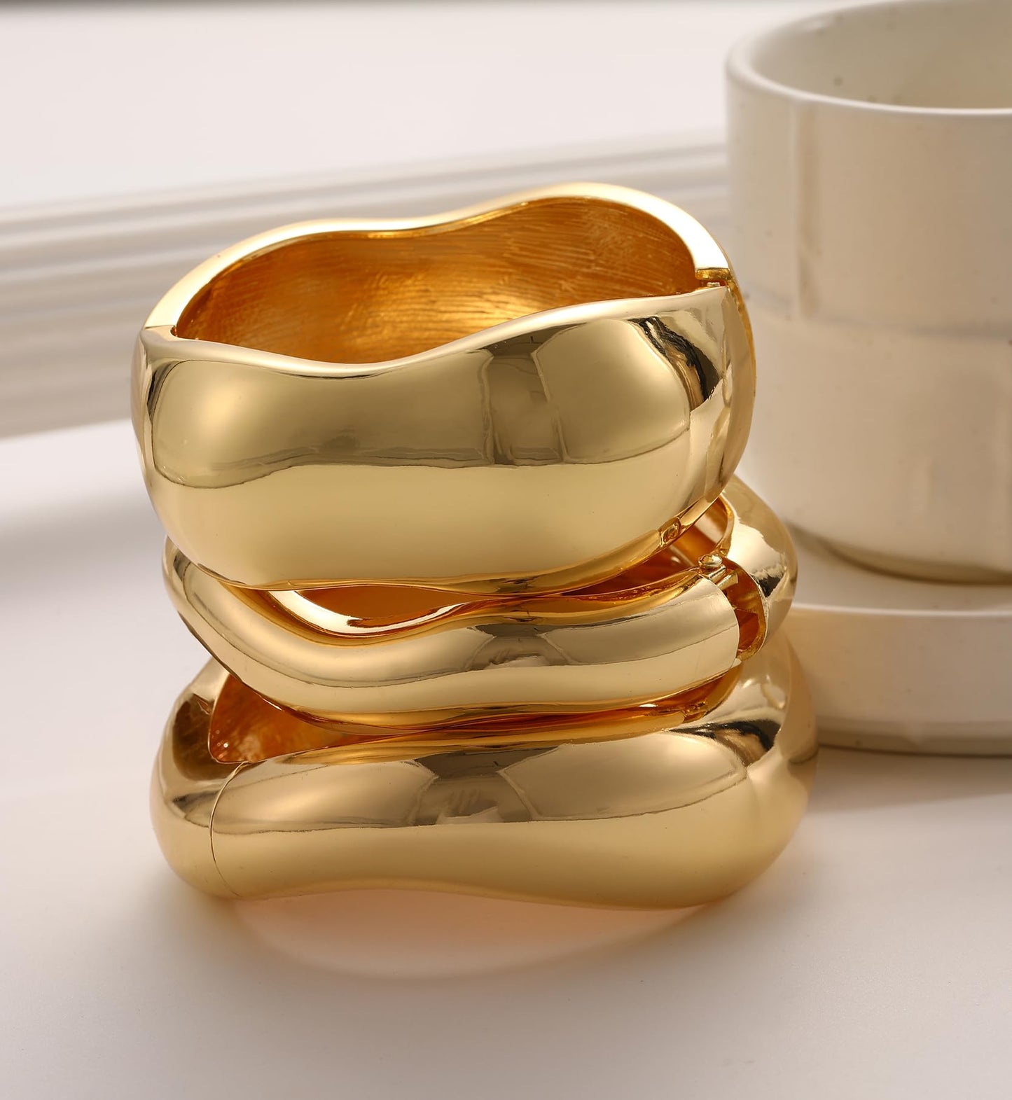 Chunky Gold Bangle Bracelets for Women, 14k Gold Plated Dainty Cuff Stackable Bangles Set, Trendy Bracelet Stack Fashion Jewelry Gifts