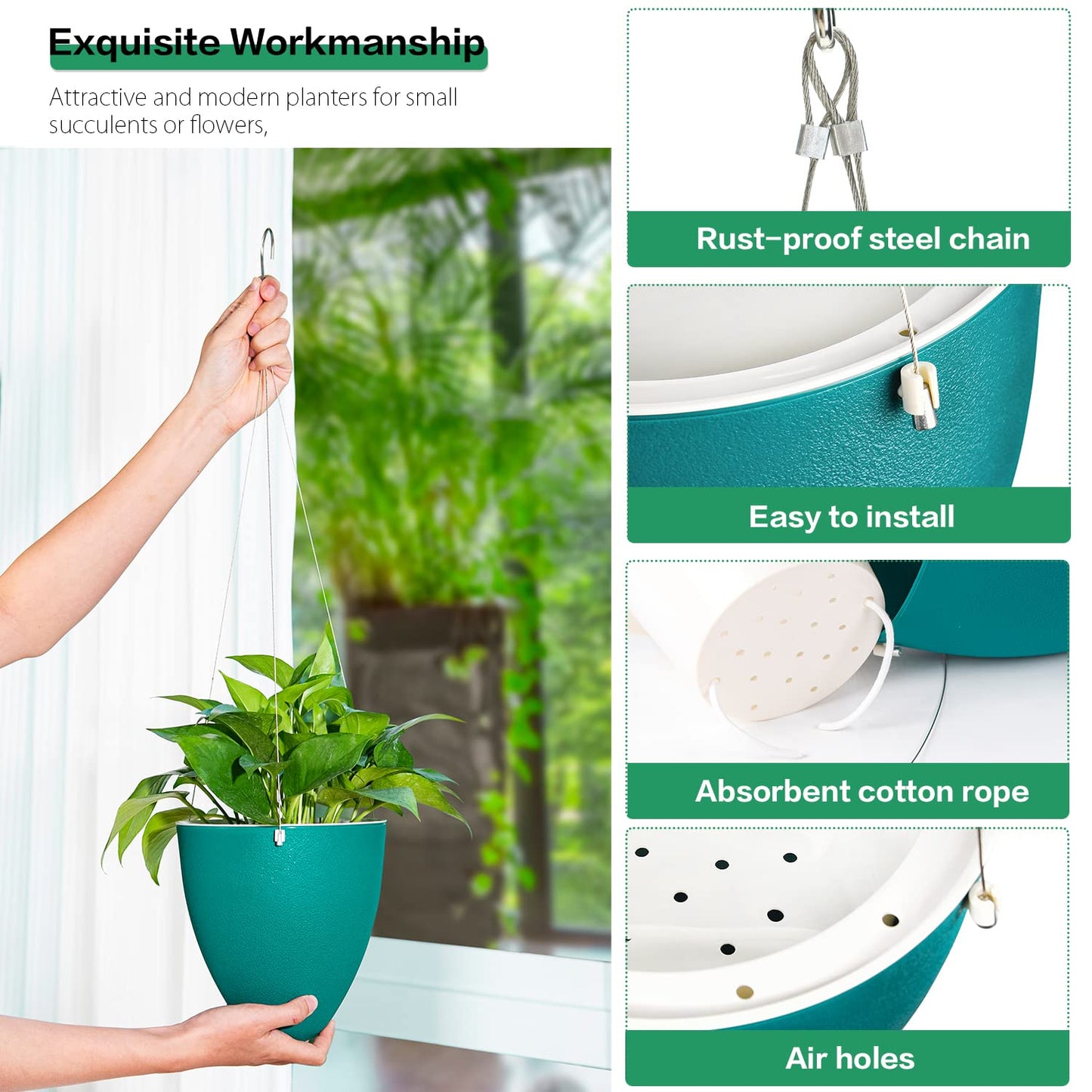 Sungmor Unique Eggshell Self Watering Hanging Planters, 3PC Modern Fashion Teal 7.2" Dia Large Waterself Hanging Pots for Plants, Indoor Outdoor Ceiling Hanging Baskets Flowerpot Wicking Planter Pots