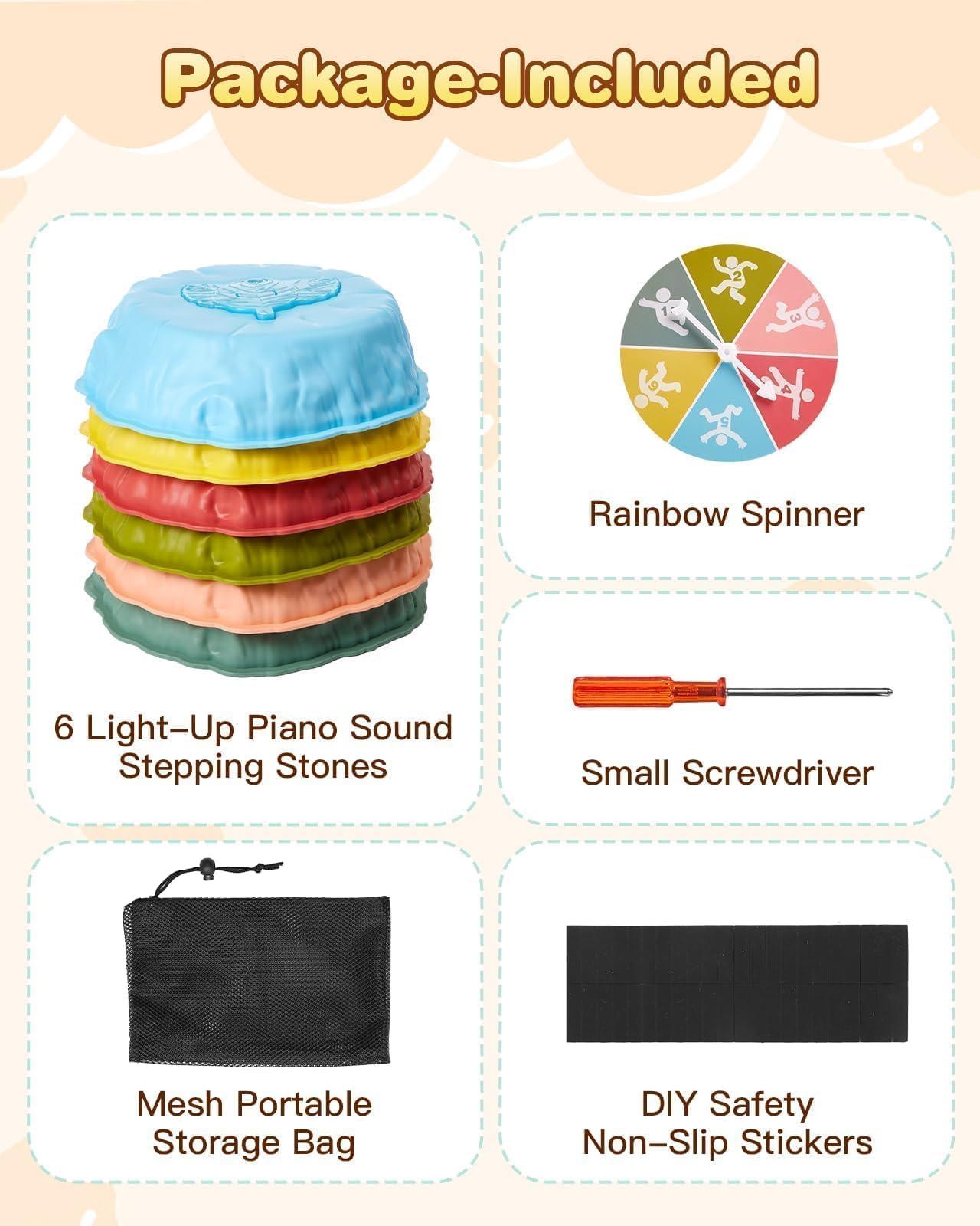 Gleamkid Light Up Stepping Stones for Kids with Music: 6PCS Thicker Double Non-Slip Balance Stepping Stones with Rainbow Spinner, Indoor Outdoor Sensory Toy for Toddlers Ages 3+, Boys & Girls Gifts