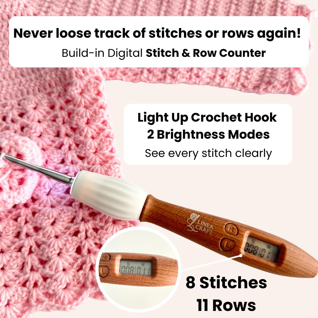 LineaCraft Counting Crochet Hook Set with Light & Counter – 18 Sizes Interchangeable Hooks Kit for Beginners, Light up, Digital Stitch & Row Counter, Ergonomic for Arthritic Hands – Crochet Gift