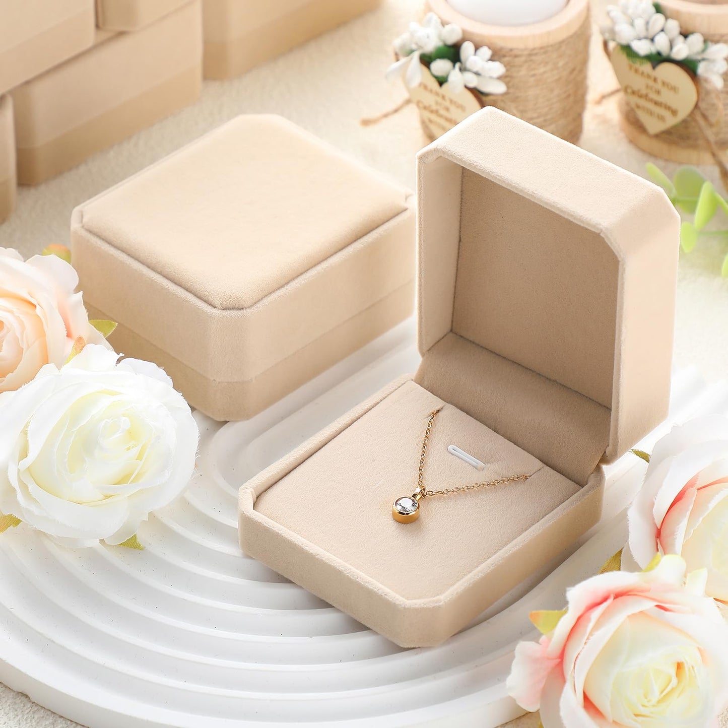 Sureio 24 Pcs Velvet Jewelry Gift Boxes Bulk for Necklace Pendant Ring Earring Bracelet Display Case Wedding (Beige)