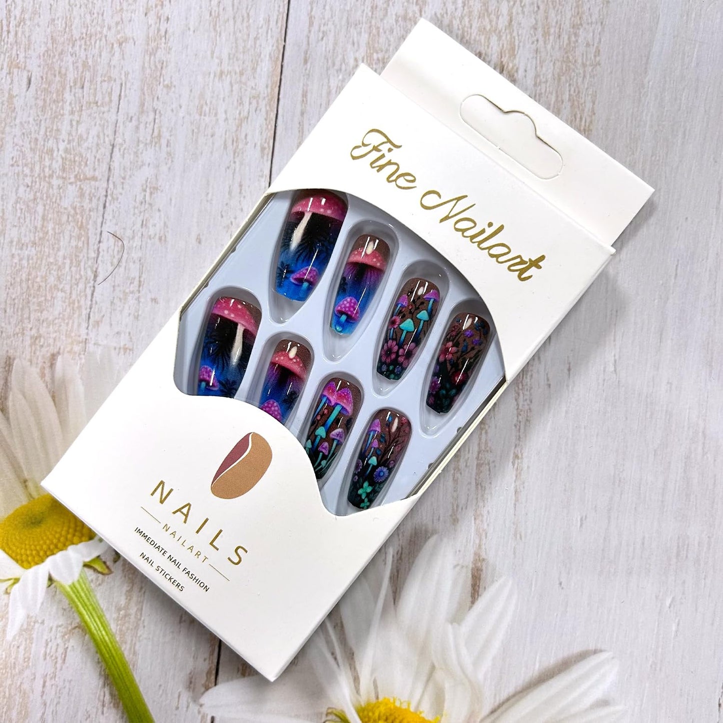CJDLTS Mushroom Press on Nails Medium Ballet Shaped False Nails Fantasy Mushrooms and Flower Pattern Design Glitter Nails Full Cover Colorful Stick on Nails Artificial Acrylic Press Nails for Women