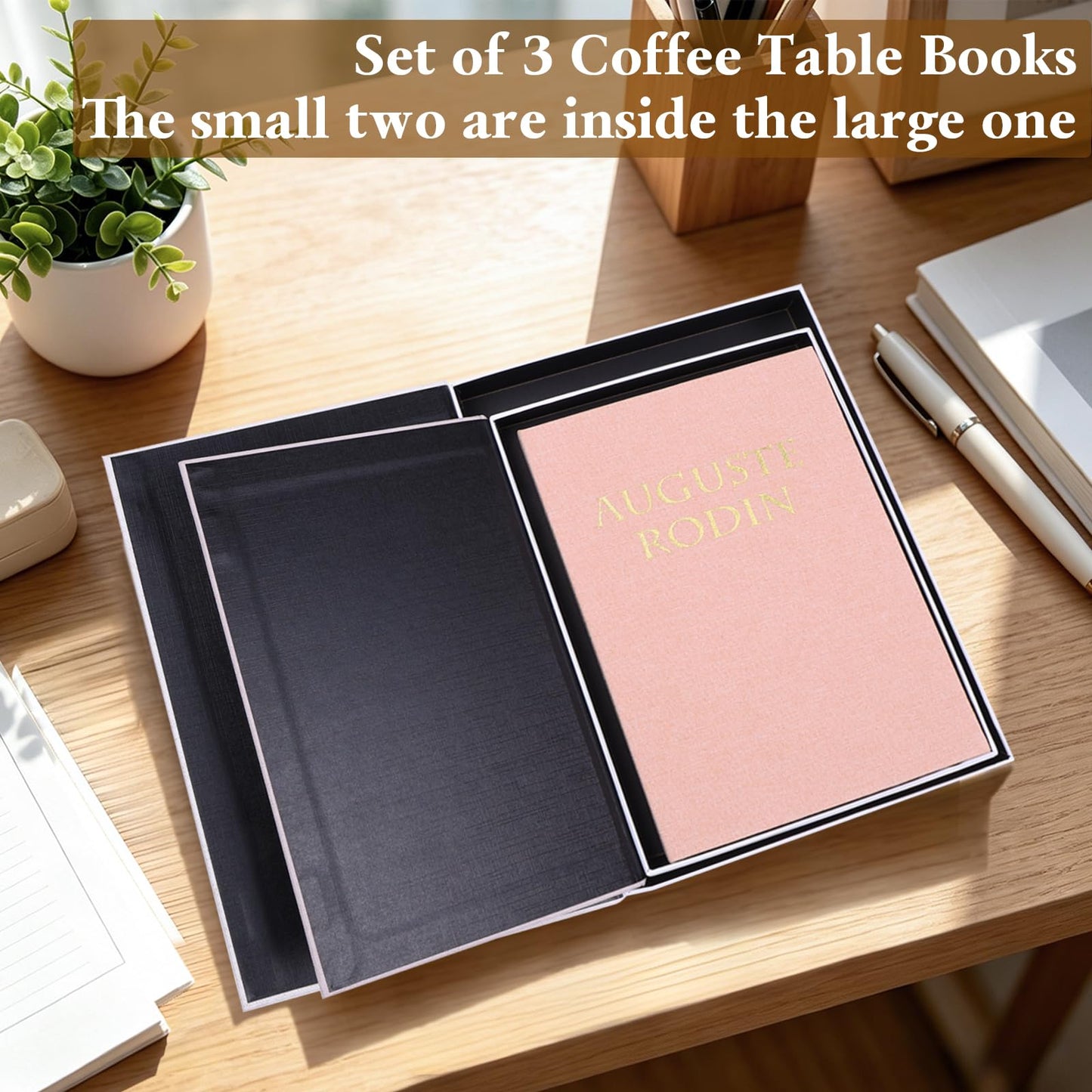 XKDOUS Set of 3 Linen Decorative Books with Gold Foil Cover Faux Book Storage Box for Coffee Table, Bathroom Shelf & Home Decor