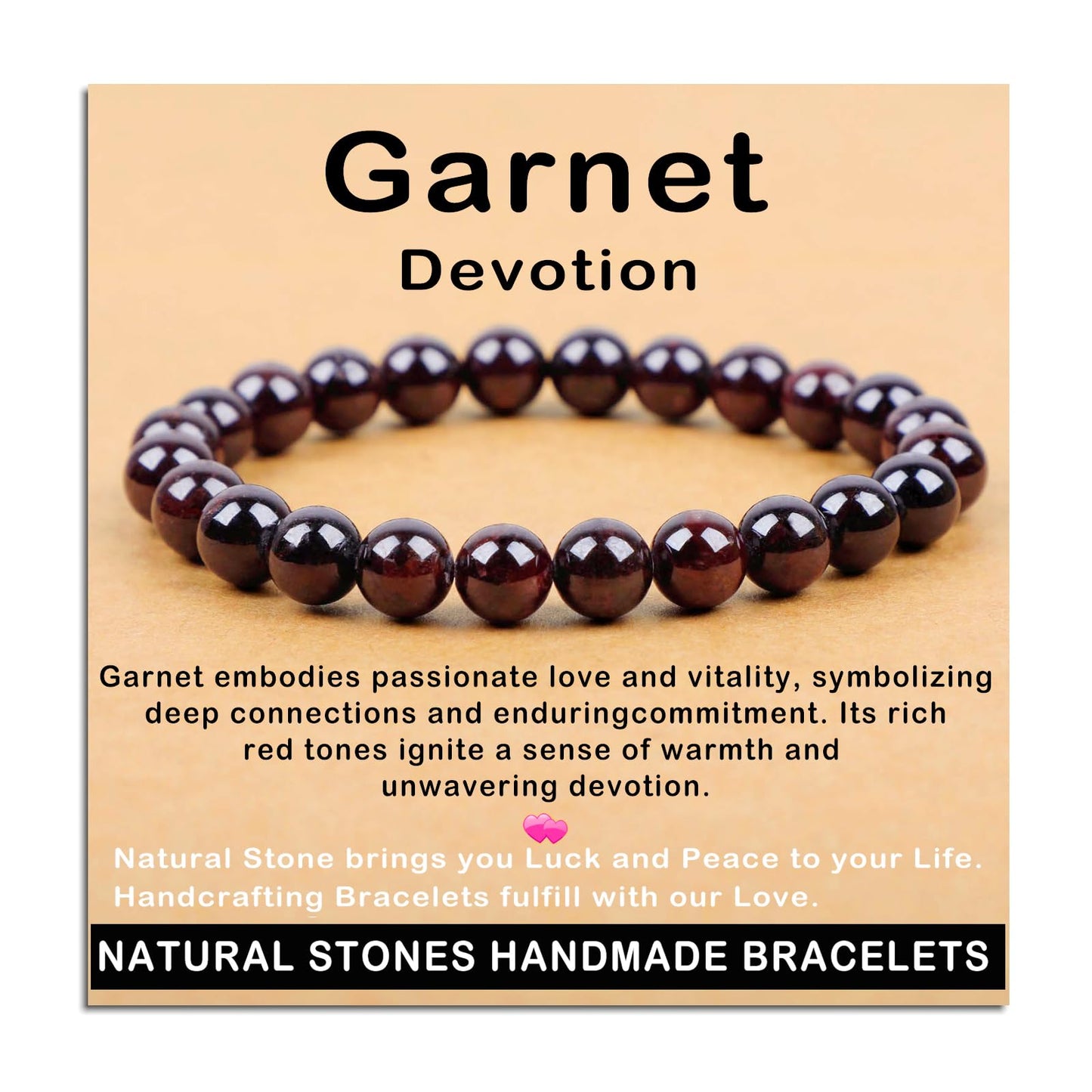 AD Beads Handmade Gemstone Stretch Elastic Bracelet Crystal Healing Reiki Nature's Beauty and Spiritual Essence Unisex (8mm, Garnet (Devotion))