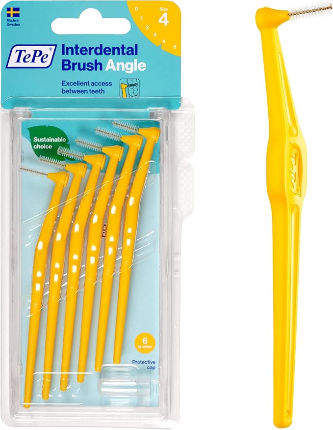 TePe Interdental Brush Angle, Angled Dental Brush for Teeth Cleaning, Pack of 6, 0.7 mm, Medium Gaps, Yellow, Size 4