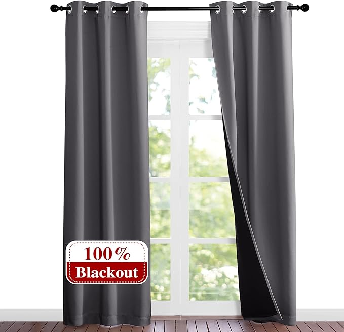 NICETOWN Grey Full Shade Curtain Panels, 37" Wide x 80" Long, Gray, Pair of Thermal Insulated & Energy Efficiency Blackout Curtains for Living Room Windows, Lined Silky Performance Window Dressing