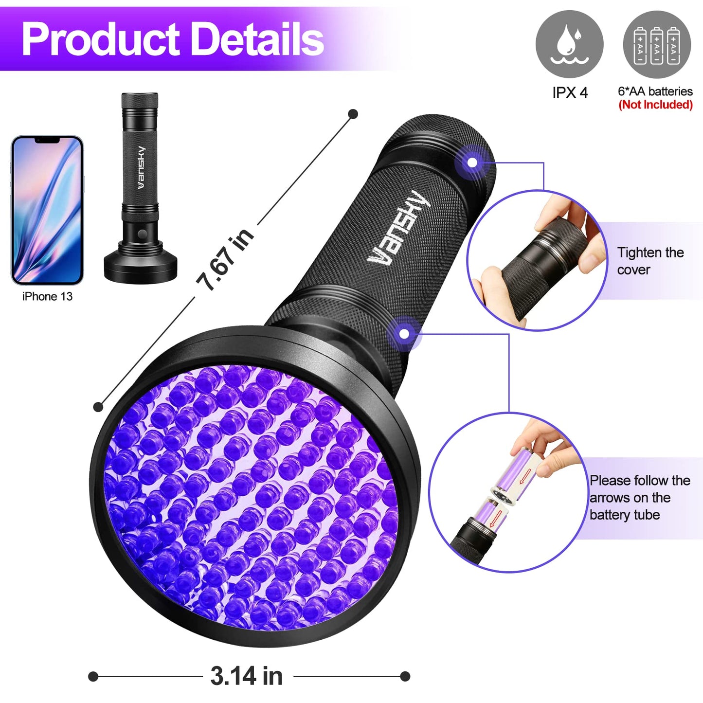 Vansky Black Light UV Flashlights, Ultra Bright 100 LED 395nm Ultraviolet Blacklight Detector for Dog Cat Pet Urine, Dry Stains and Bed Bug, Matching with Pet Odor Eliminator