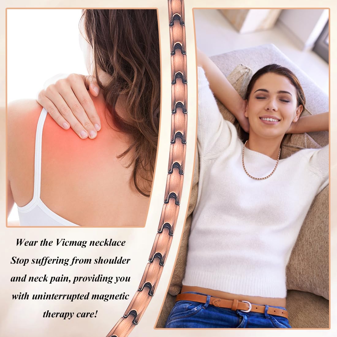 Vicmag Copper Magnetic Necklace for Women - Ultra Strength Magnets-99.9% Solid Pure Copper 2PCS Ring Necklace Set for Neck Adjustable Light Weight