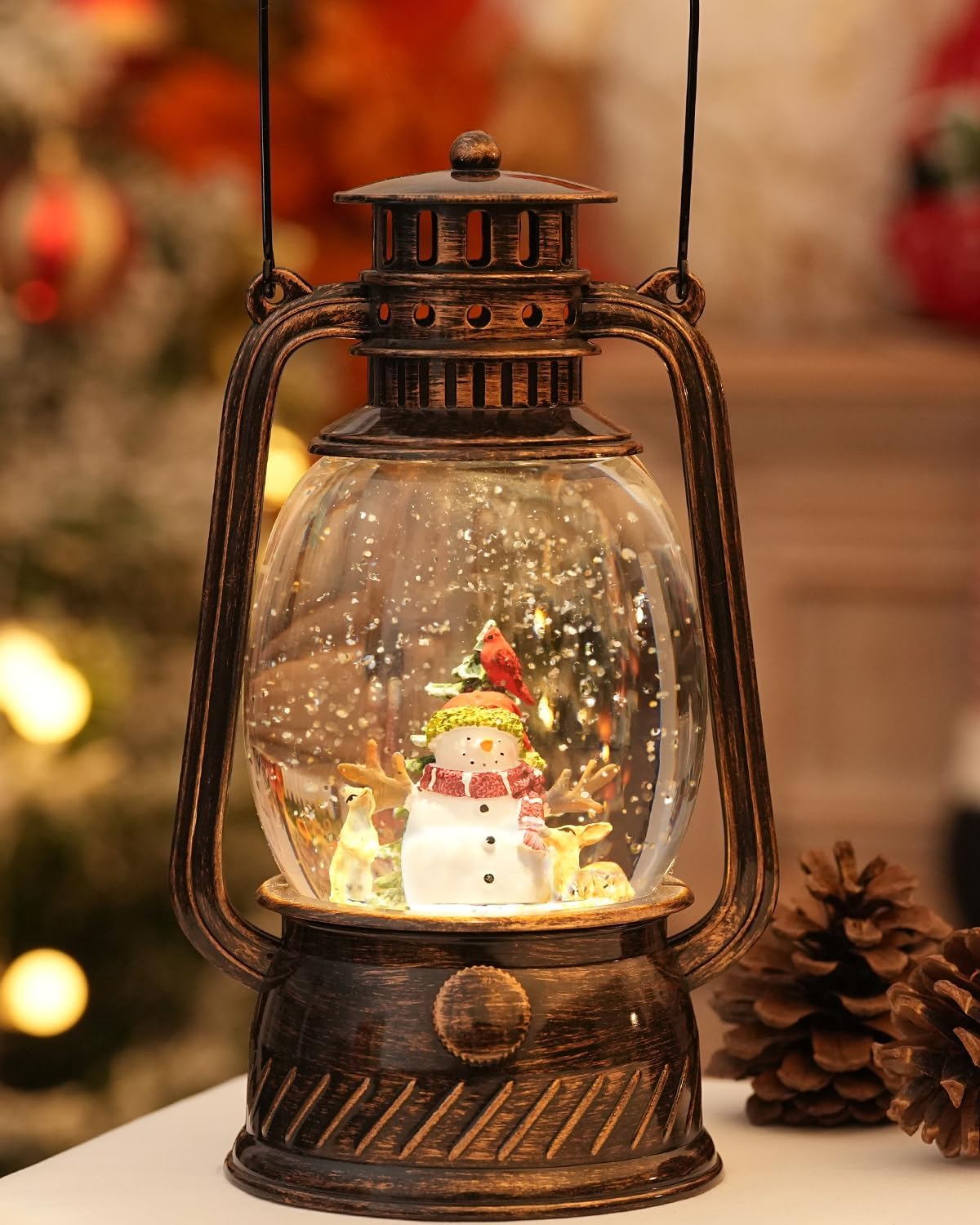 Christmas Decorations Indoor-Musical Snow Globe with 6H Timer,Snowman Cardinal Deer Lighted Scene Snow Globes Lantern USB or Battery Powered,Christmas Decorations Decor for Home