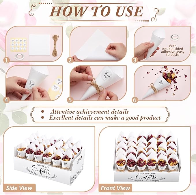 1 Sets Wedding Confetti Cones with 150g (5.29 Oz) Biodegradable Dried Flowers White Petal Confetti - 30 Paper Cones, Tray & Stickers for Wedding, Bridal Shower, Engagement Party, Baby Shower