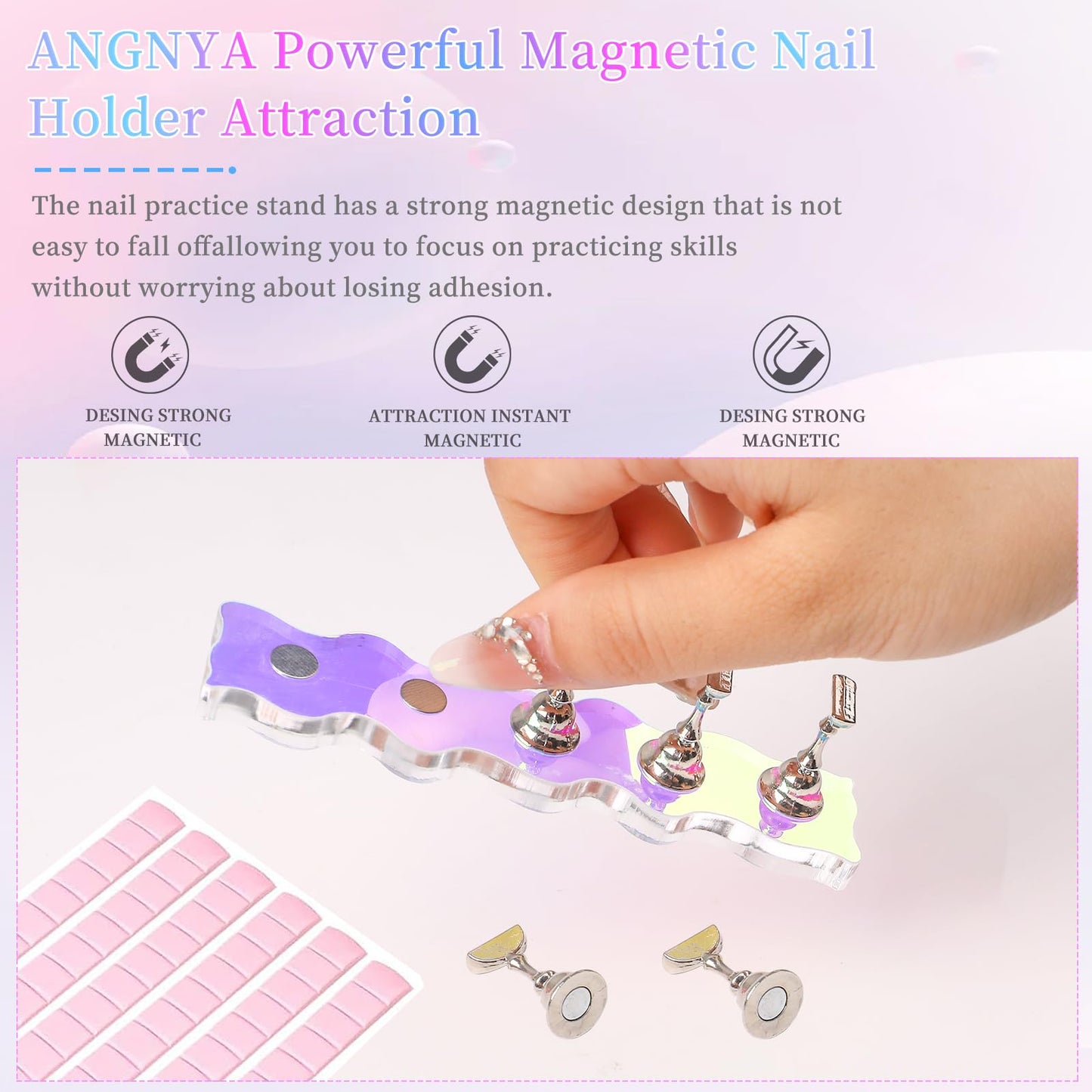 ANGNYA Nail Stand for Press on, 2 Set Aurora Nail Holder for Painting Nails Press on Nail Stands with 96 Pcs Reuseable Mounting Tapes for Nail Art Display Home & Salon Use