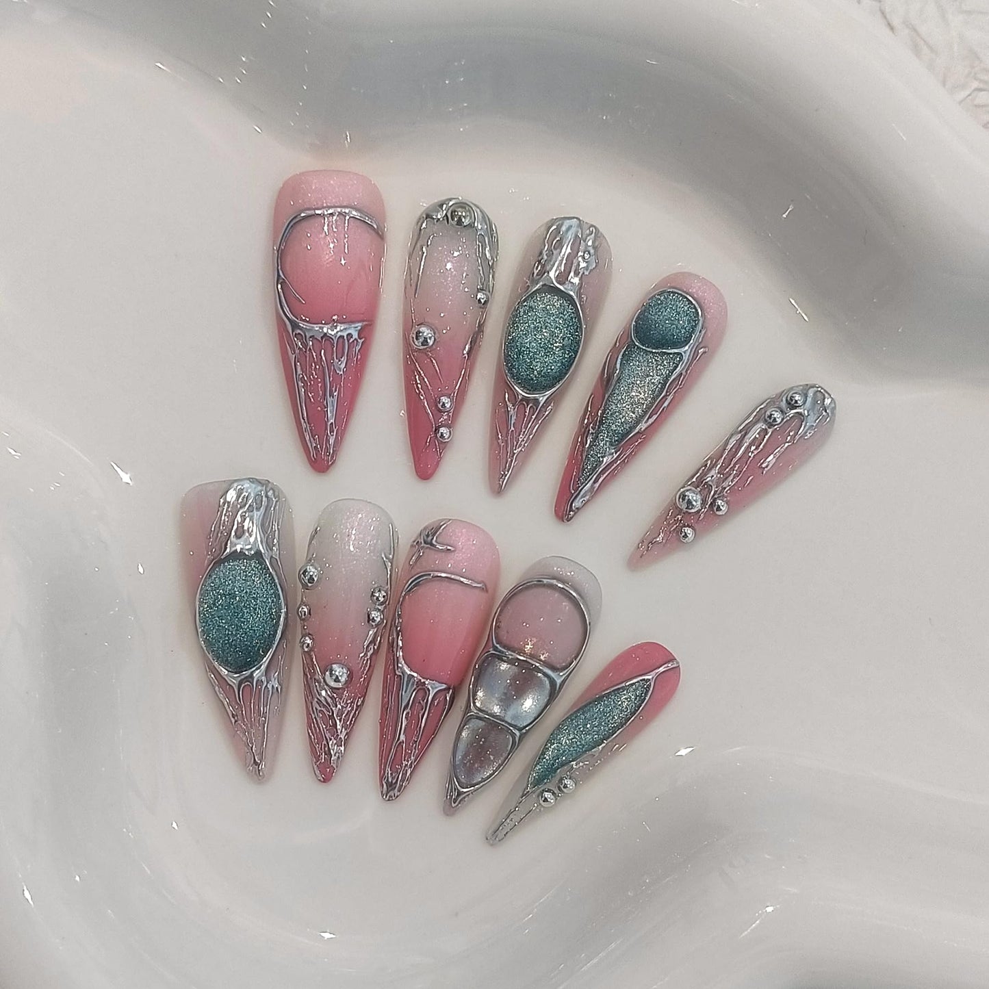 TENPAL Long Stiletto Press on Nails,Pink-Silver Holographic Gradient Hand-Painted Moons Fake Nails with 10pcs Tools,3D Cat Eye Glitter False Nails,Edgy Meteors Design Sweet-Edge Metal Nails(S)