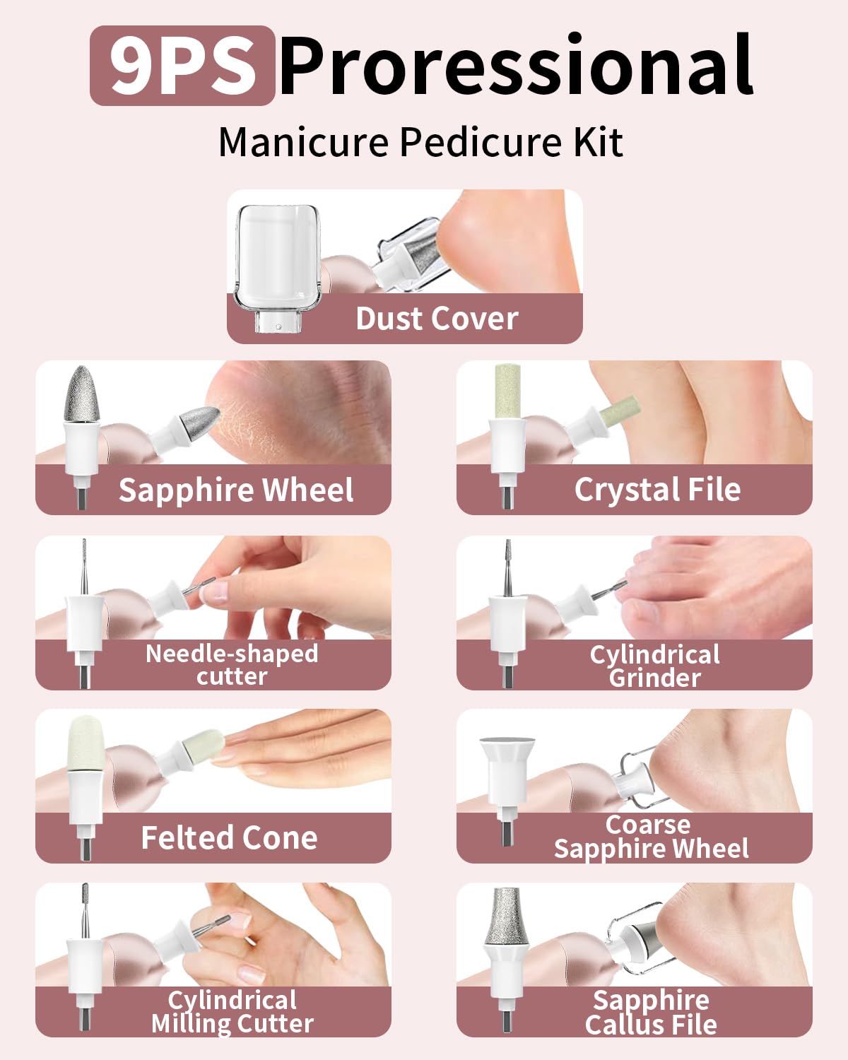 Professional Manicure Pedicure Kit, Cordless Electric Nail File Set, Rechargeable Pedicure Tools for feet, 5 Speeds Hand Foot Care Nail Drill for Thick Nail Toenail Cuticle Women Men Baby Pets-Rose