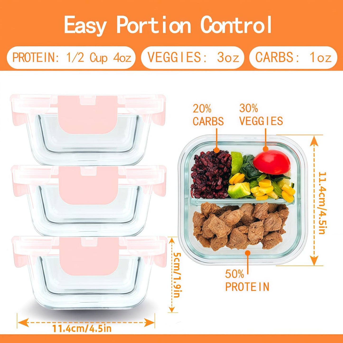 Nafhone Bariatric Meal Prep Containers, 8 oz Bariatric Portion Control Food Storage Containers with Two 4 oz Compartments (3 Pack), Reusable Glass Snack Containers with BPA Free Airtight Lids (Pink)