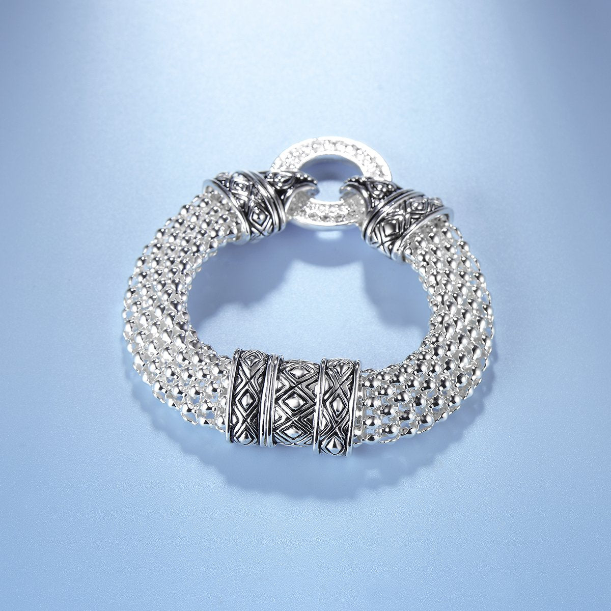 UNY Popcorn Chain Center Circle Pave Stone Unique Bracelet Magnetic Claps Designer Inspired Jewelry (Silver)