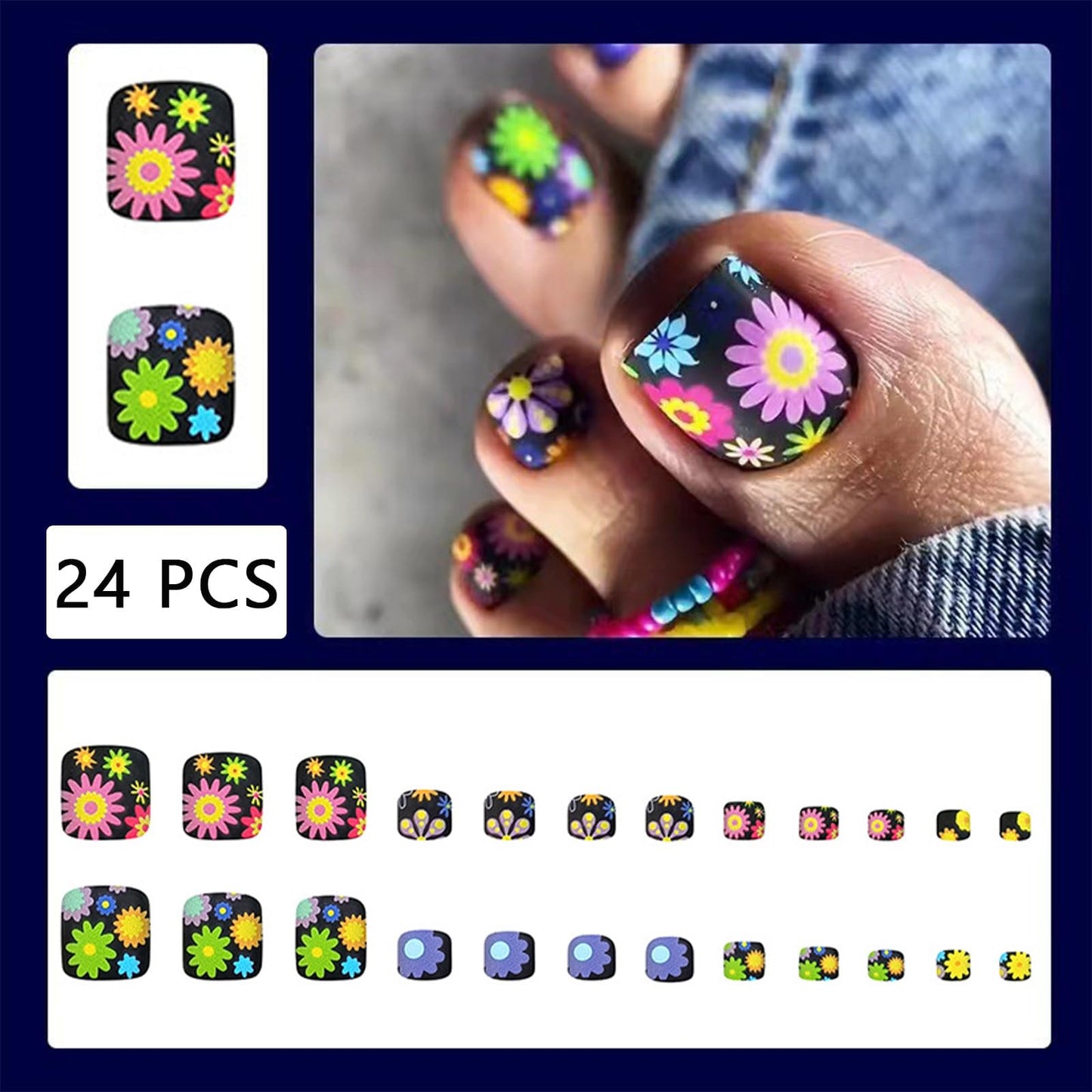 24 Pieces Summer Flower Press-On Toenails Short Square Black False Toenails Colorful Floral Pattern Cute Daisy Matte Black Acrylic Toenail Stickers Women's Nail Art
