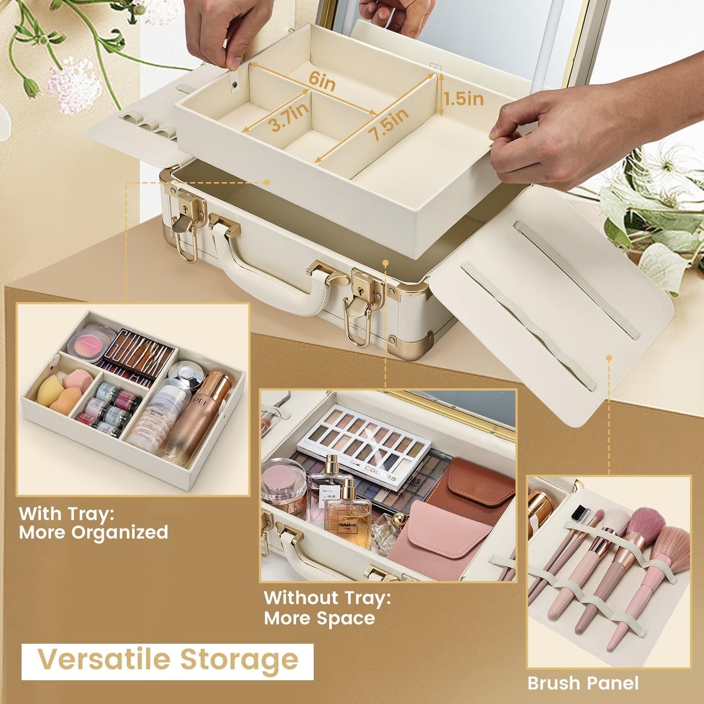 Faquenc Lighted Makeup Case with Detachable Tray, Beige Vegan Leather Makeup Box Rechargable 3-Color LED Mirror, Travel Train Case Makeup Bag Organizer with Champagne Alloy