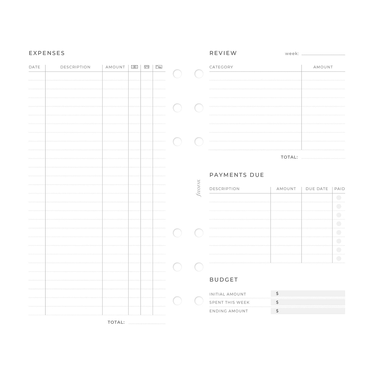 Filofax Lifestyle Refill, Personal Size, Organizer Refill, White Paper, Expense Tracker, 56 Sheets (B132850)
