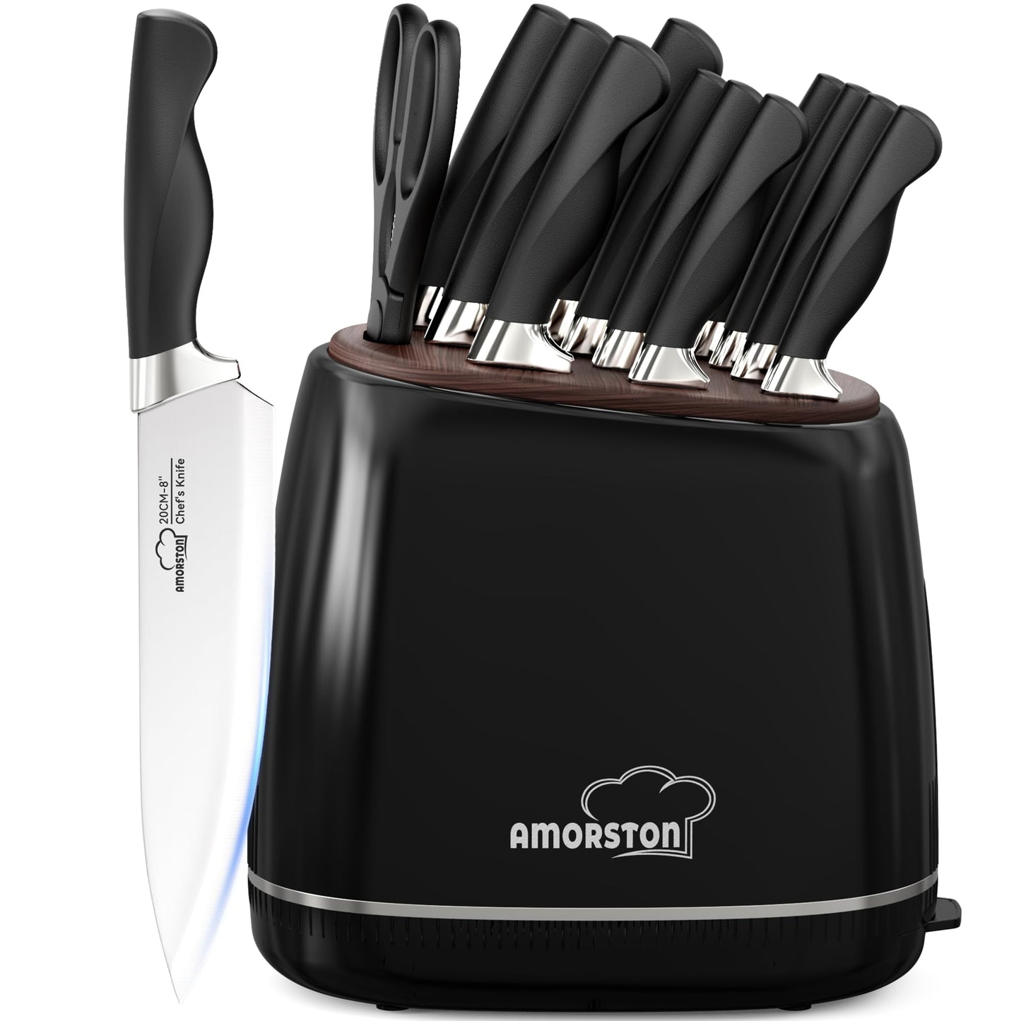 Knife Set, Amorston 14-Piece Kitchen Knives Set with Block & Sharpening Stone, Stainless Steel Dishwasher Safe, Knife Block Set with Ergonomic Handle, Professional Kitchen Knives for Home Cooking