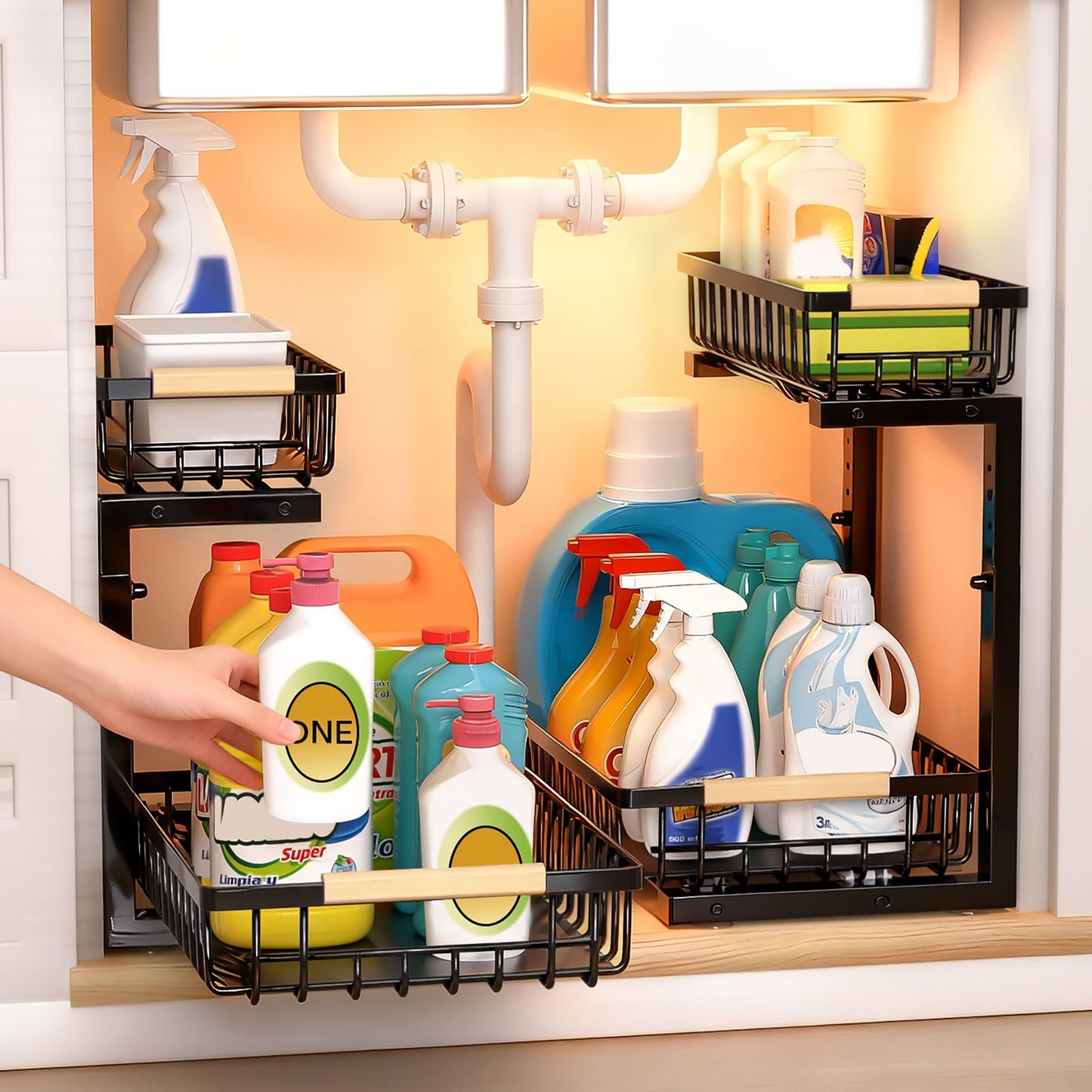 ZELOREA Under Sink Organizer, Heavy-Duty & Rust-Resistant Carbon Steel Metal, 2 Tier Pull Out Under Bathroom Sink Storage, Adjustable Height (13.8" -16.9"), Organizer for Kitchen Cabinet(2PCS,Black)