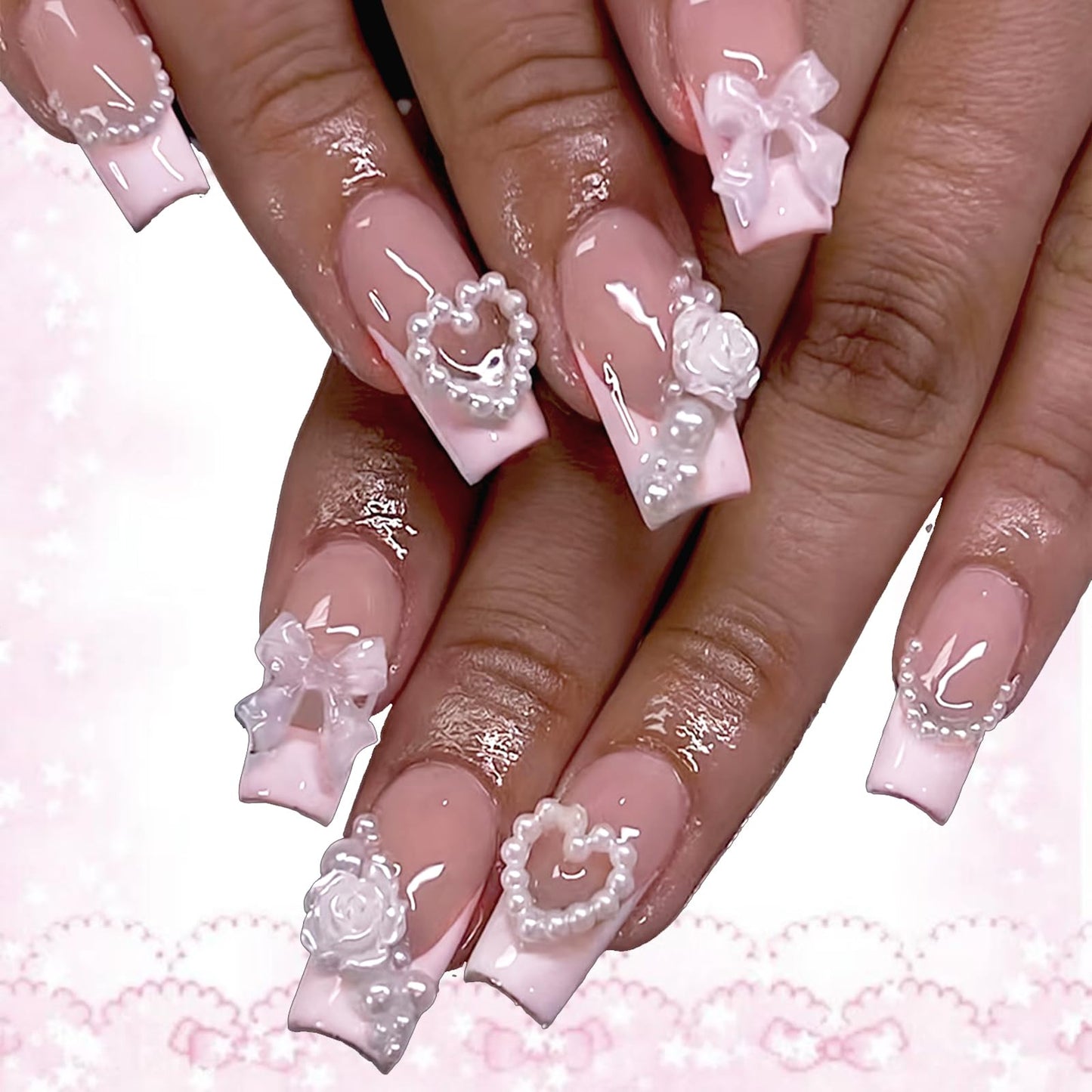 IMRAIN French Tips Press on Nails Long Square Pink Fake Nails 3D Flower Pearl False Nails Glue on Nails with Bow Heart Designs Glossy Full Cover Handmade Gel Acrylic Nail Set