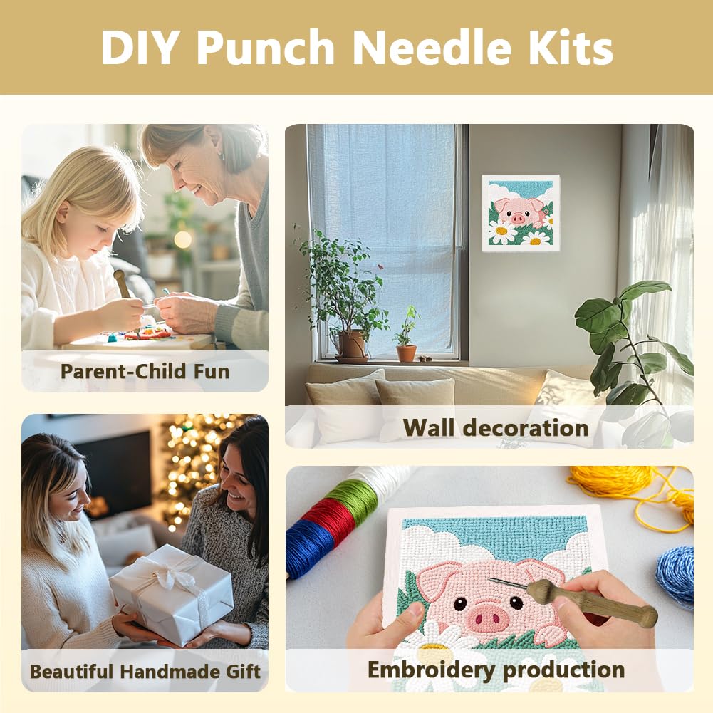 Doodlream Flowers Pig Needle Kit for Beginner, 9.4"x 9.4" Pig in Daisy Field Punch Stitching Craft Set, Color DIY Embroidery Starter with Printed Frame, Instruction, Threader, Yarn, Pinch Needle