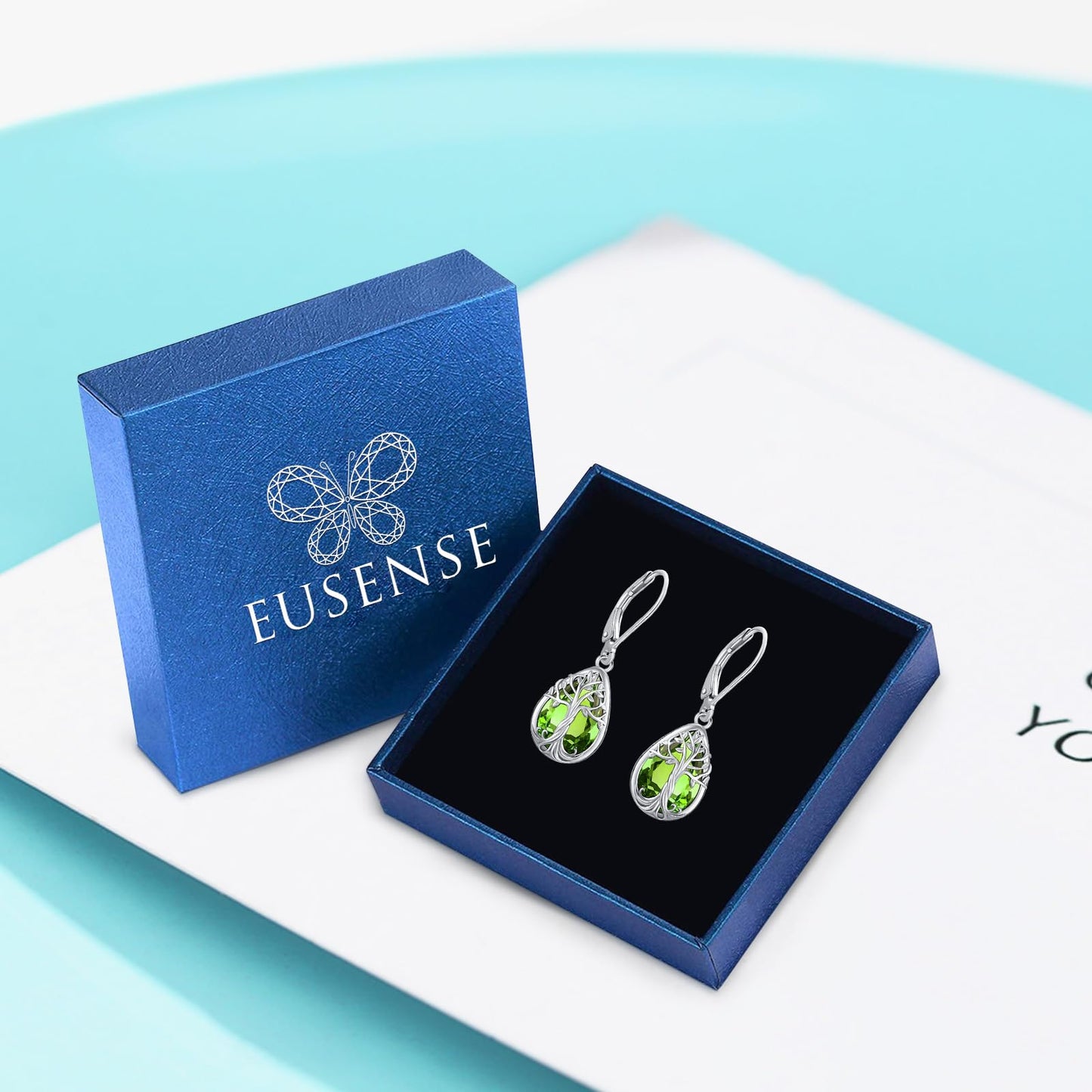 Eusense Teardrop Dangle Peridot Earrings 925 Sterling Silver Tree of Life August Birthstone Jewelry Leverback Drop Tree of Life Earrings for Women Gift
