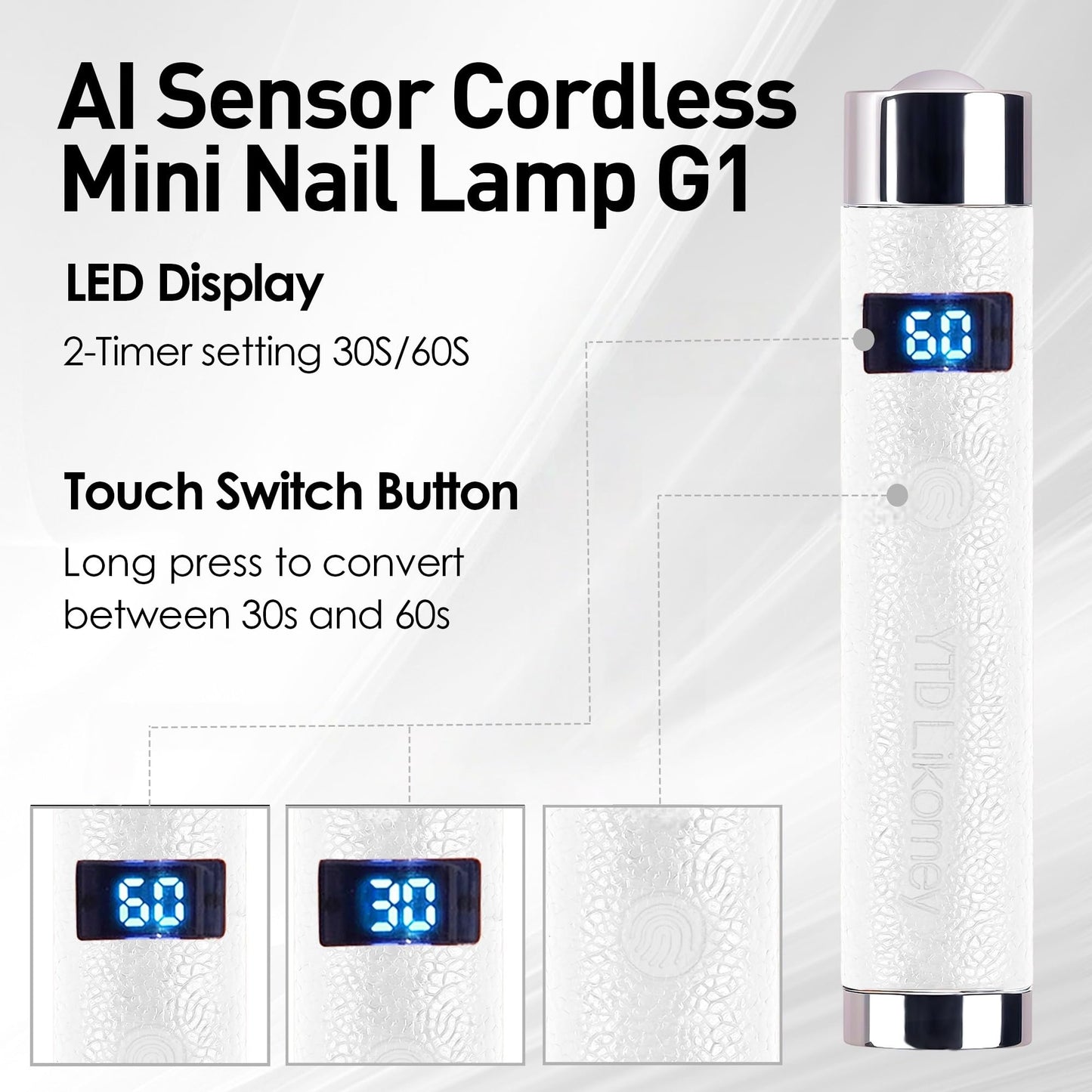 YTD Likomey Intelligent Sensor Handheld UV Light for Nail Gel with Magnetic Stand,Mini Portable Cordless Rechargeable Leather Nail Lamp with LCD Display,Fast Curing for UV Glue Builder Gel-G1 White