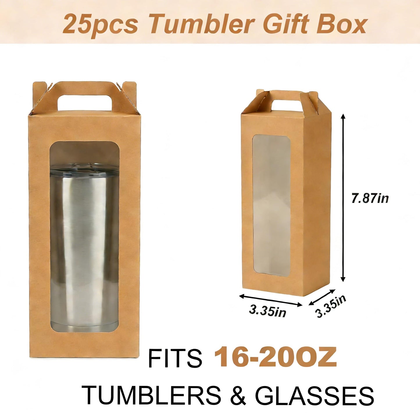 25Pcs Tumbler Gift boxes for glass cup with Handle for 16oz 18oz 20oz Sublimation Glass, Cup boxes for packaging 16oz,Drinking Cup Glasses Mug Can Blanks Tumbler Boxes with window for gifts(Brown)