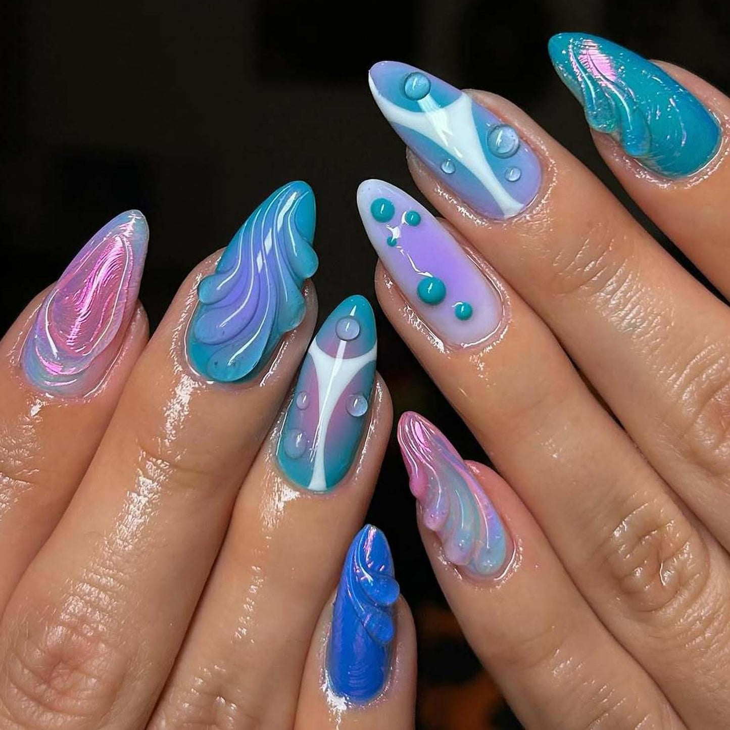 IMSOHOT Almond Press on Nails Medium Fake Nails Blue White Ombre False Nails with 3D Designs Glossy Glue on Nails Full Cover Cute Gel Handmade Summer Nail Supplies 24Pcs