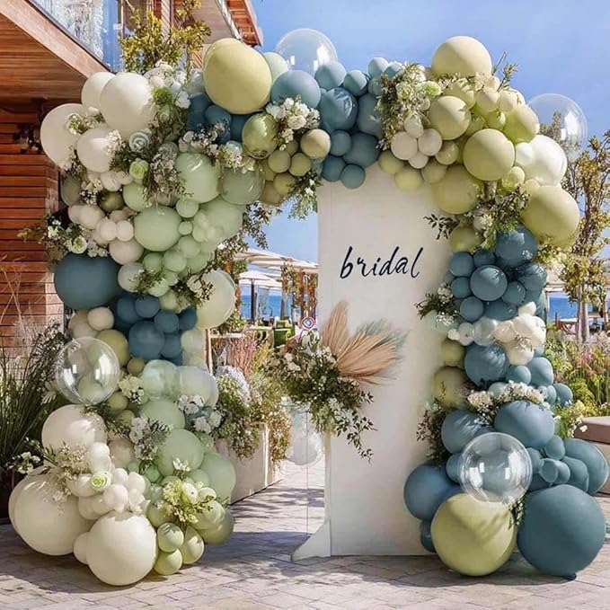Dusty Blue & Mint Green Balloon Arch Kit, Double Stuffed with Clear Bobo – Slate Blue, Olive, White & Beige Latex Balloons for Baby Shower, Bridal & Wedding