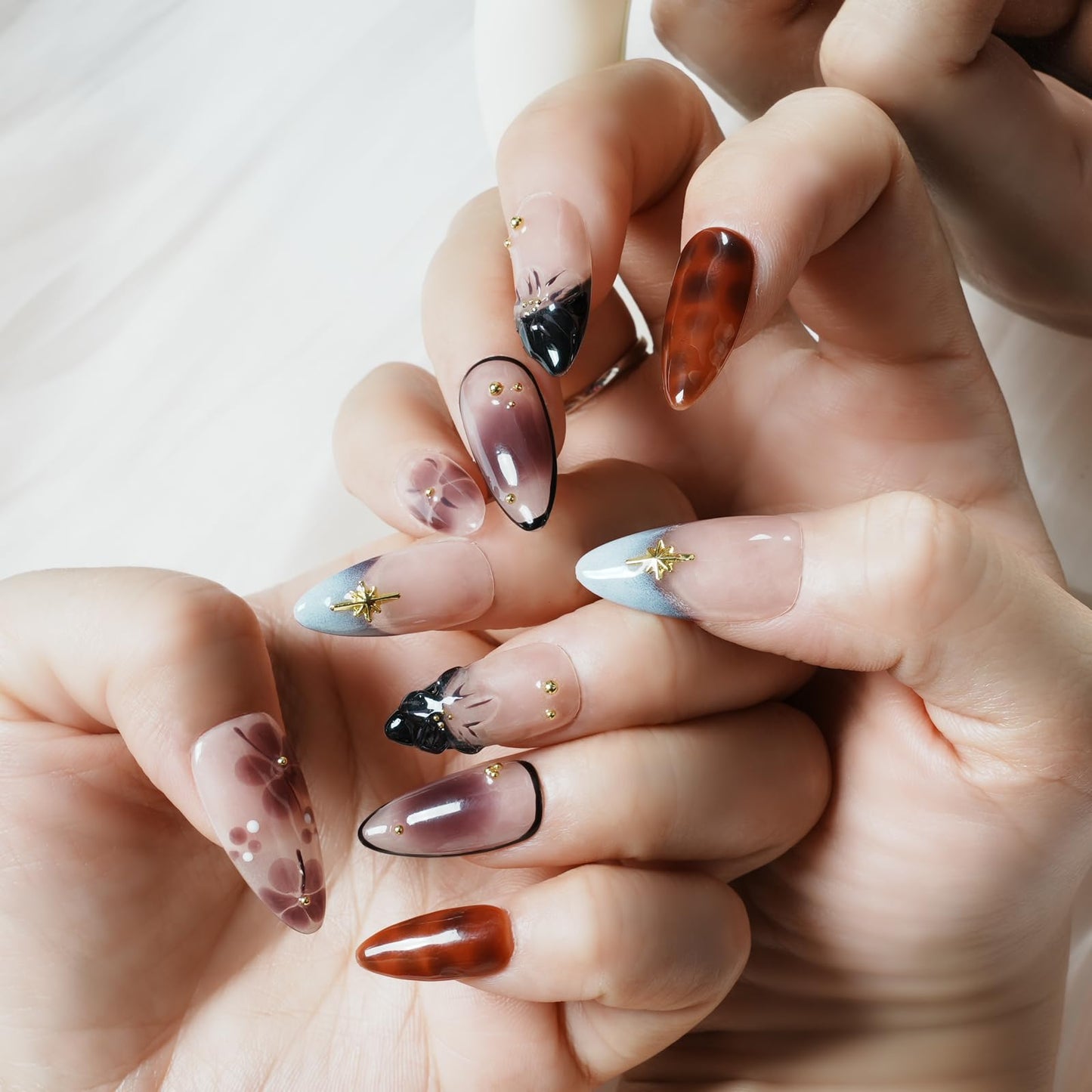Tesytto 3D Floral Press on Nails Medium Almond - Handmade Nude Brown Gradient, Gold Charms Luxury Glossy Reusable Fake Nails (Dusk Pastel Gradient Flowers, L)