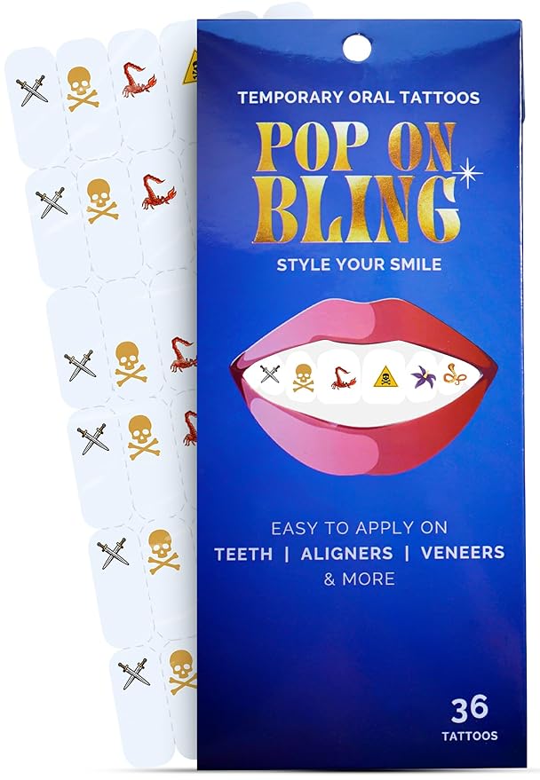 Halloween Tooth Bling Tattoo – Temporary Tooth Gem Kit for Teeth – Safe for Teens & Adults, Removable Fun Fake Tooth Tattoo Stickers for Halloween Costume, Party & Cosplay (Risky)