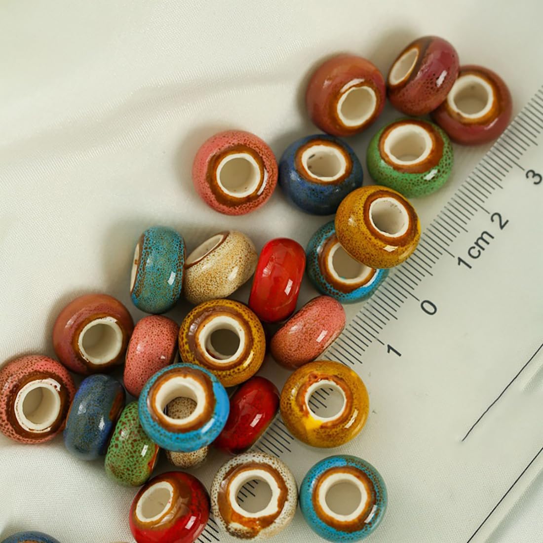 Decoendiy 60Pcs Large Hole Ceramic European Beads - Flat Round Shaped Spacers, Handmade Polished Porcelain for DIY Necklaces Bracelets Crafts Supplies