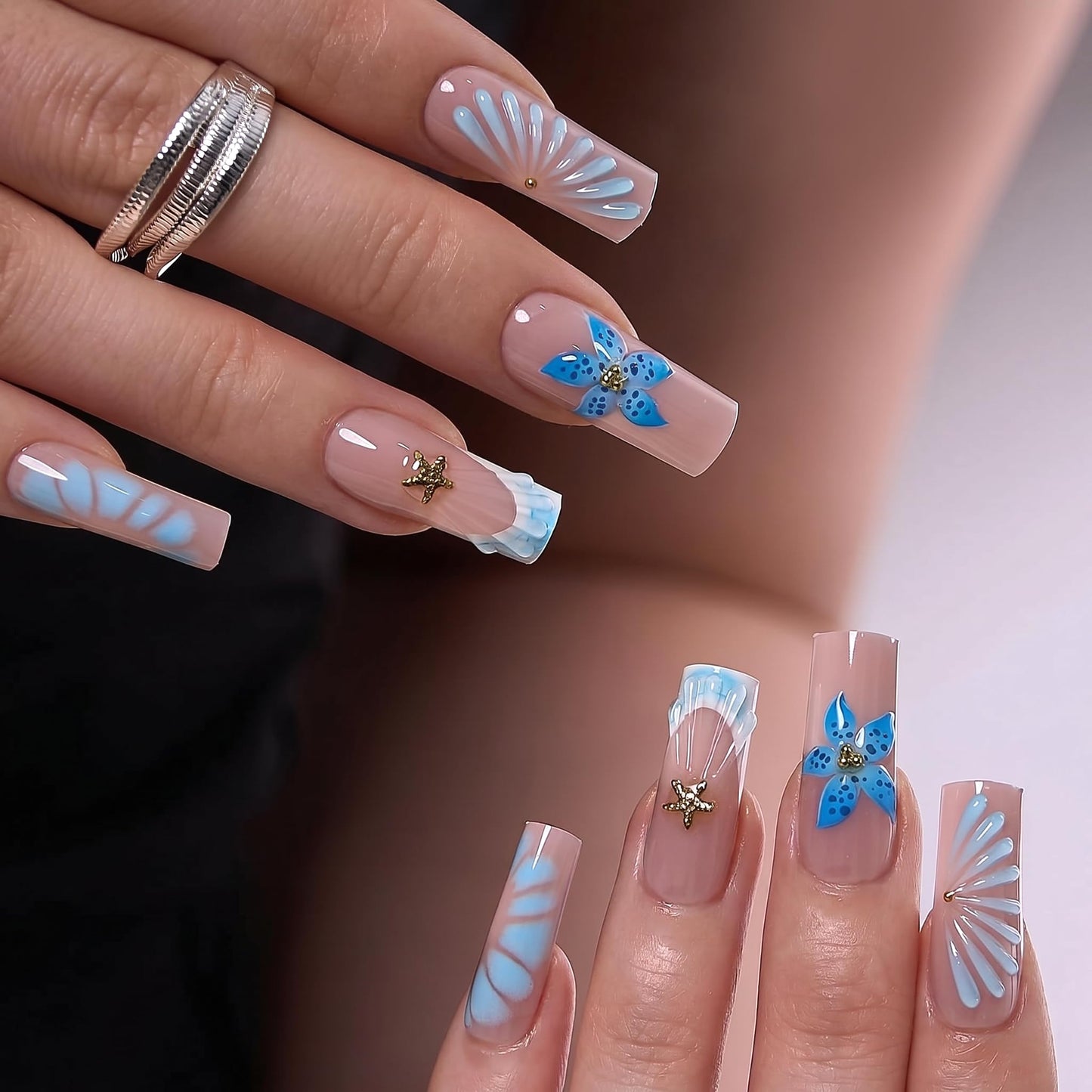 CurvLife Soft Gel Square Press-On Nails Long, Reusable Fake Nails with Glue & Adhesive Tabs, 30PCS Salon-Quality Stick-On Nails for At-Home Manicure (Starfish Bloom)
